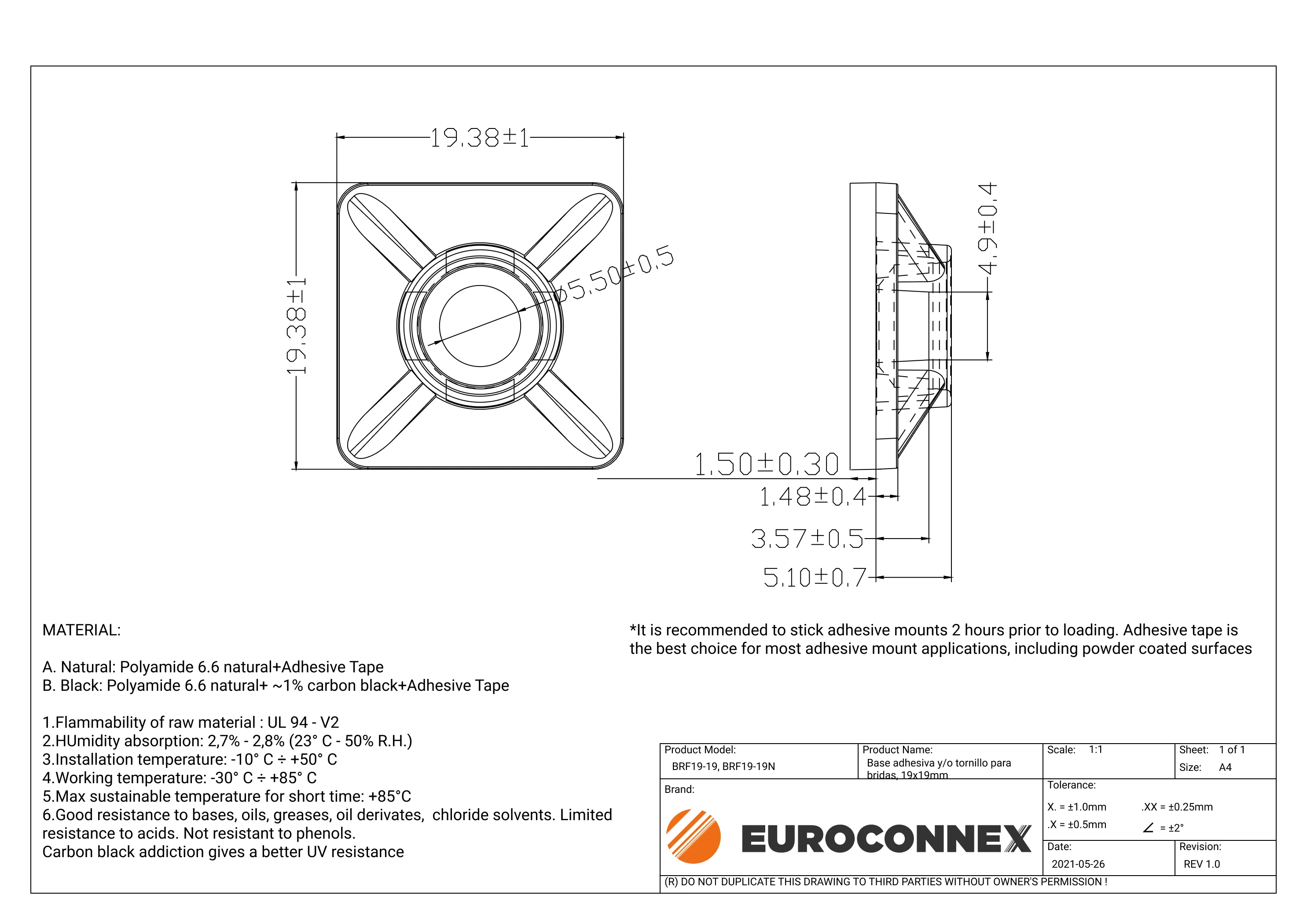 Base adhesiva y/o tornillo para bridas, 19x19mm, Negro — imagen 2