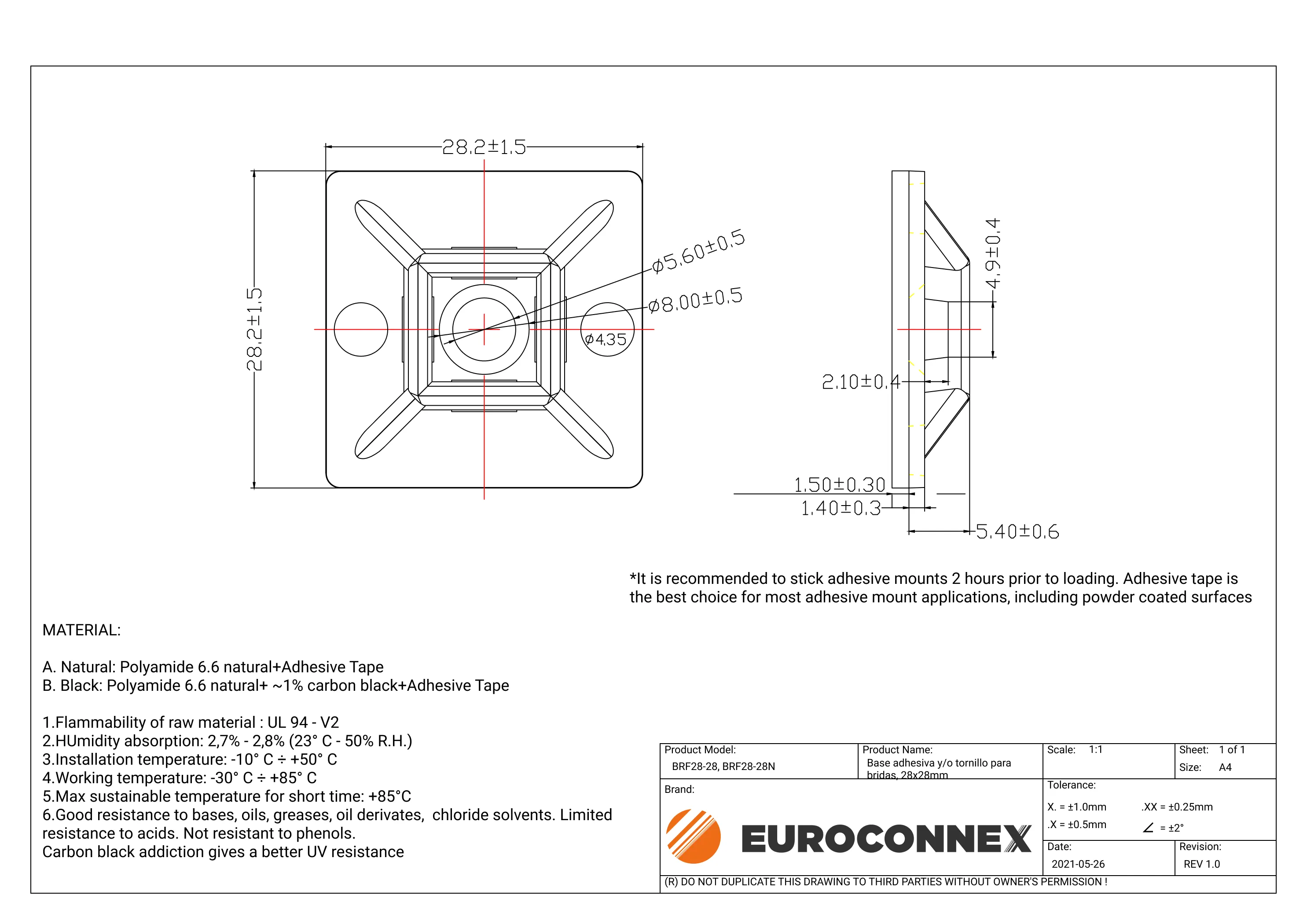 Base adhesiva y/o tornillo para bridas, 28x28mm, Negro — imagen 2