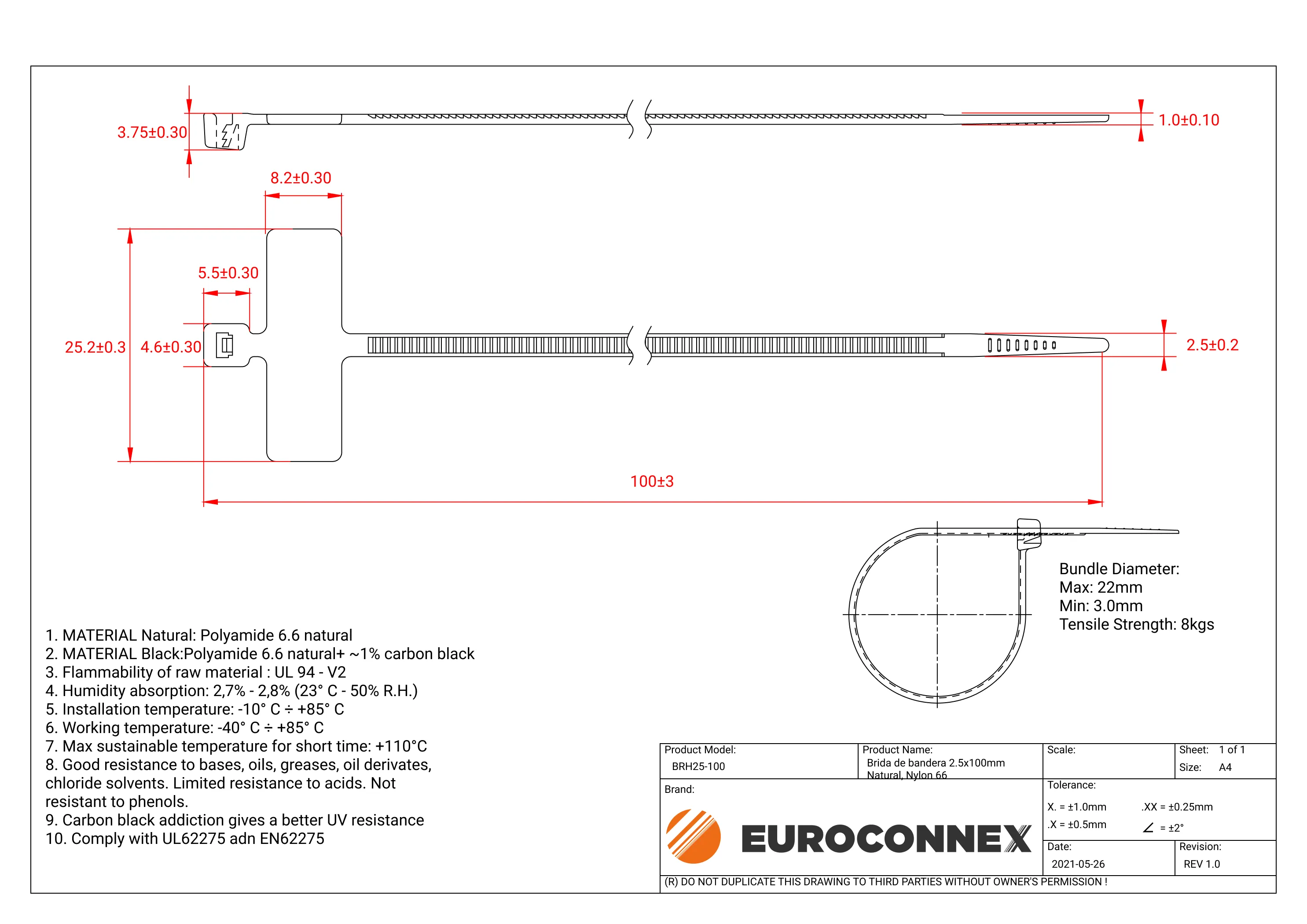 Brida de bandera 2.5x100mm Natural, Nylon 66 — imagen 2