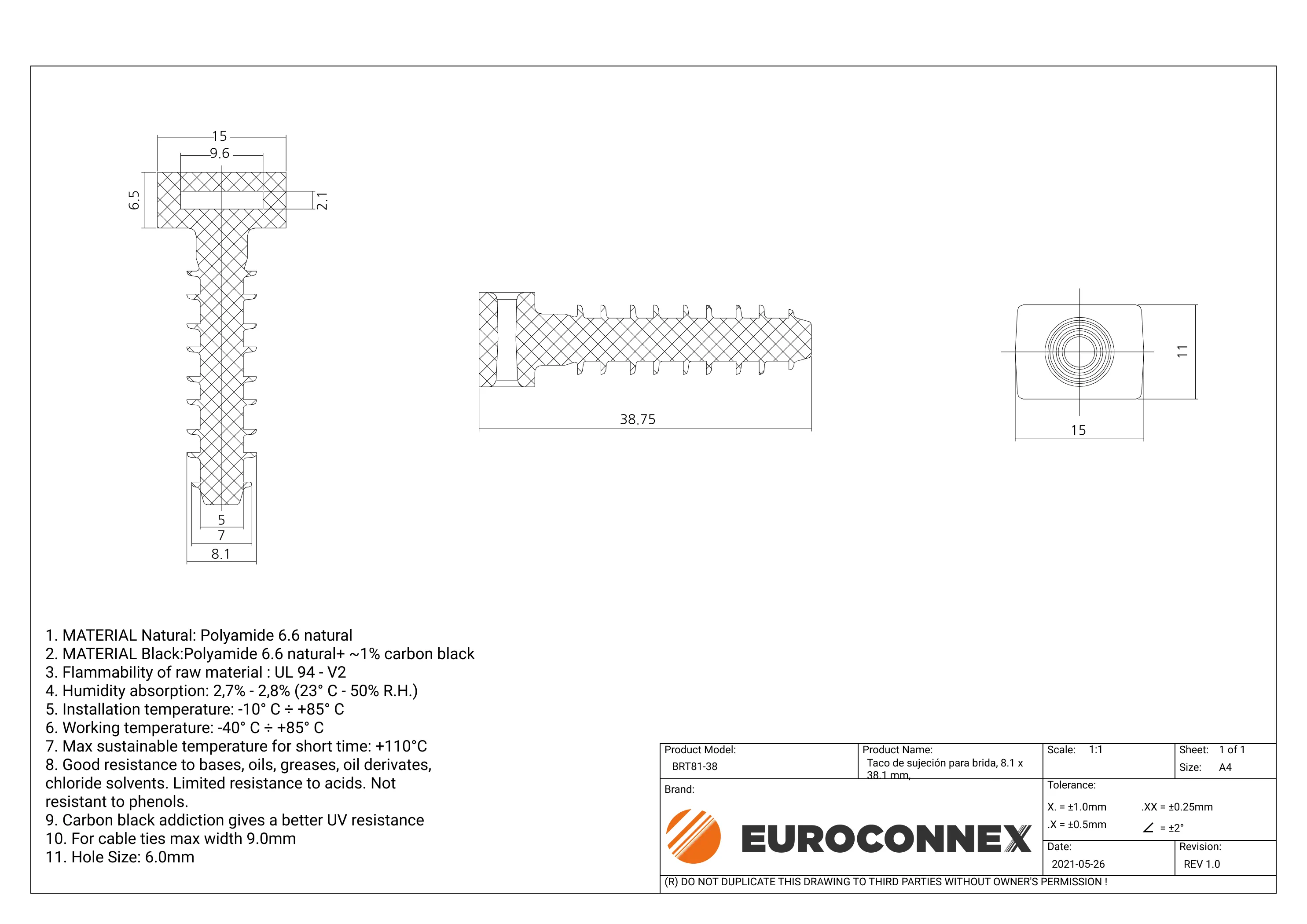 Taco de sujeción para brida, 8.1 x 38.1 mm, Blanco — imagen 2
