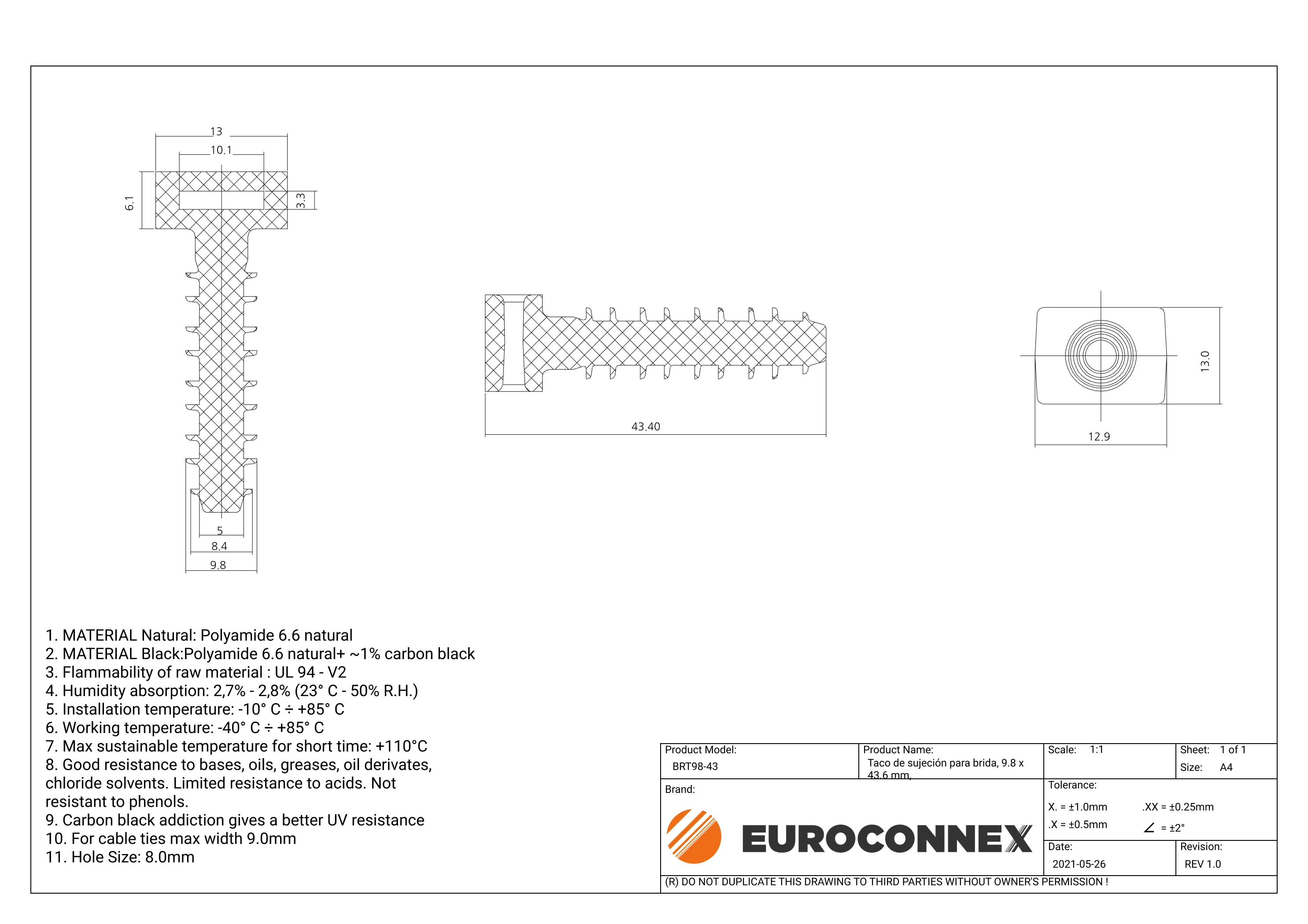 Taco de sujeción para brida, 9.8 x 43.6 mm, Blanco — imagen 2
