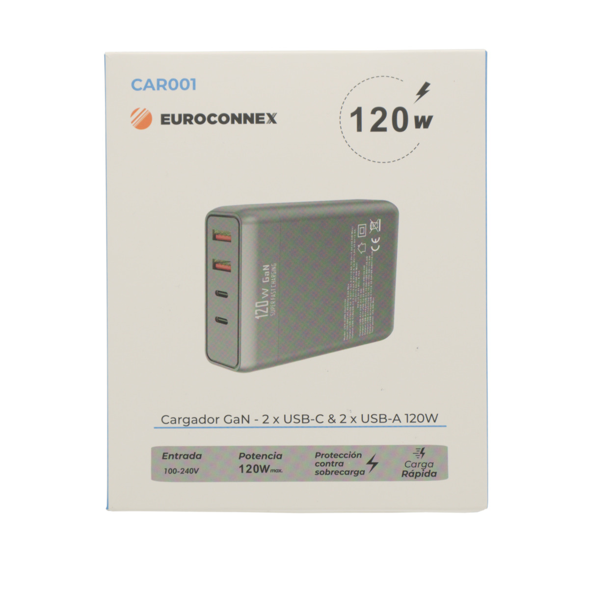 Cargador USB 120W (2x USB-A + 2x USB-C) - Universal con Entrada 100-240V