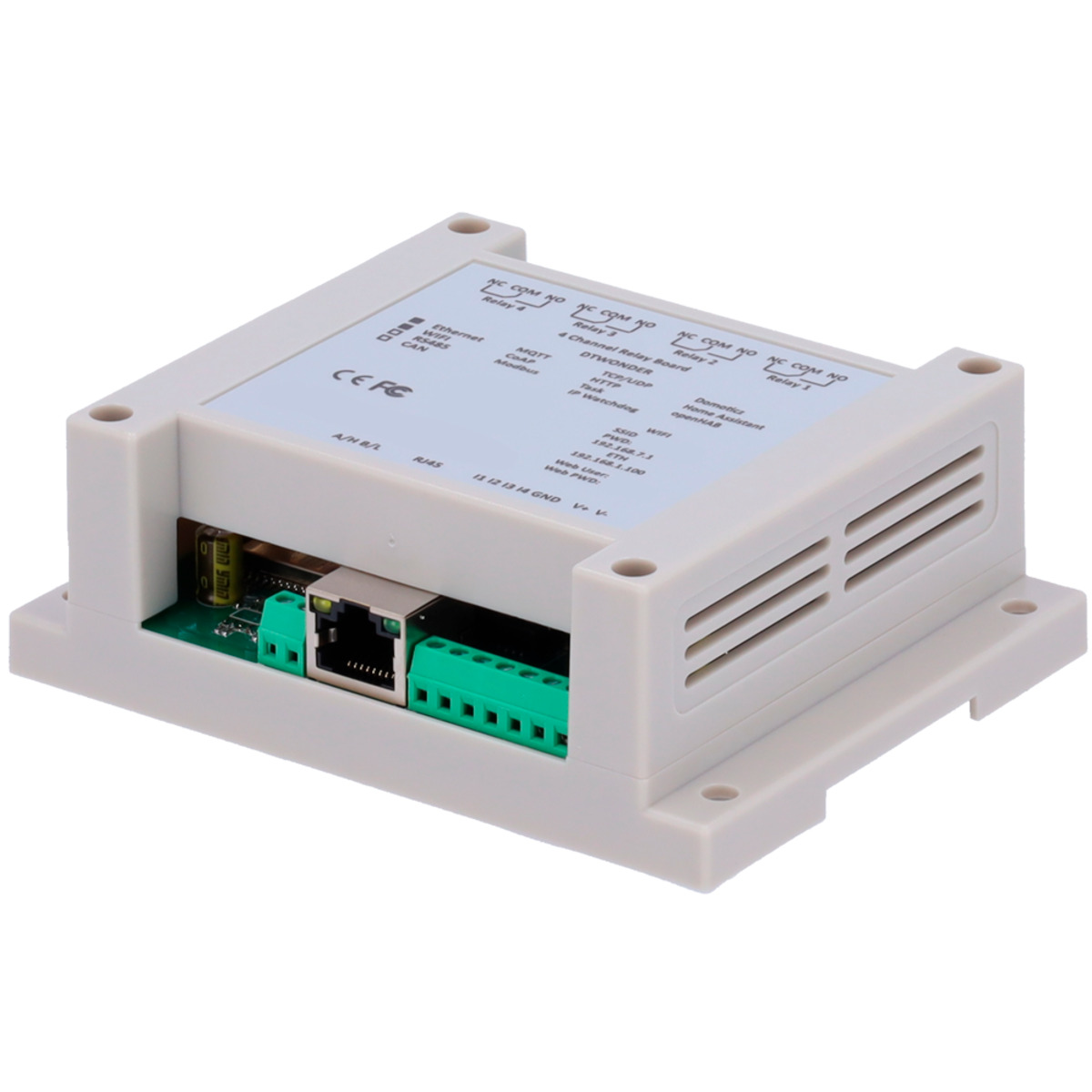 Módulo de adquisición y control de datos - 4 entradas digitales | 4 salidas de relé (NO/NC) - Protocolos: Modbus/TCP, TCP/IP, UDP, HTTP,... - Servidor web integrado - Puerto Ethernet 10/100 Base-TX | Puerto WiFi - No incluye alimentador (12VDC/1A)