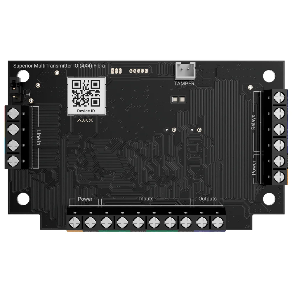 Módulo de 4 entradas/4 salidas - Protocolo Fibra - Certificado grado 3 - 4 entradas, 2 salidas relé y 2 salidas lógicas - Alarma configurable NC, NO, EOL, 2EOL, 3EOL - 2 salidas de alimentación 12V / 50 mA