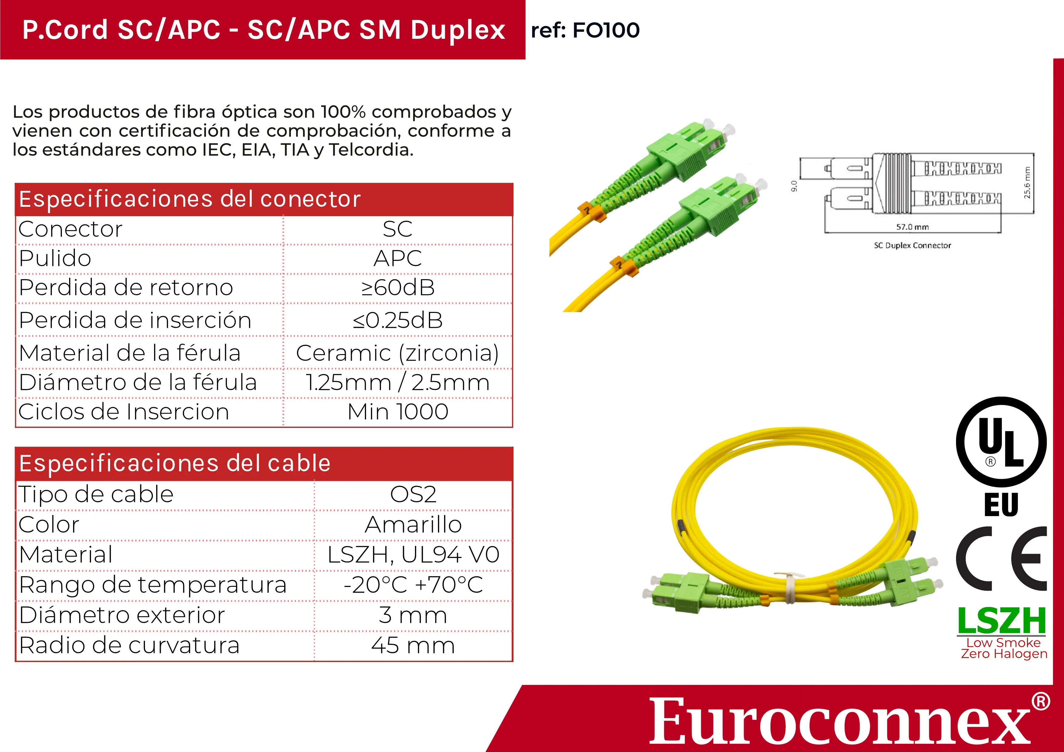 Cable de fibra óptica SC/APC a SC/APC Monomodo Duplex, 0.5m — imagen 2