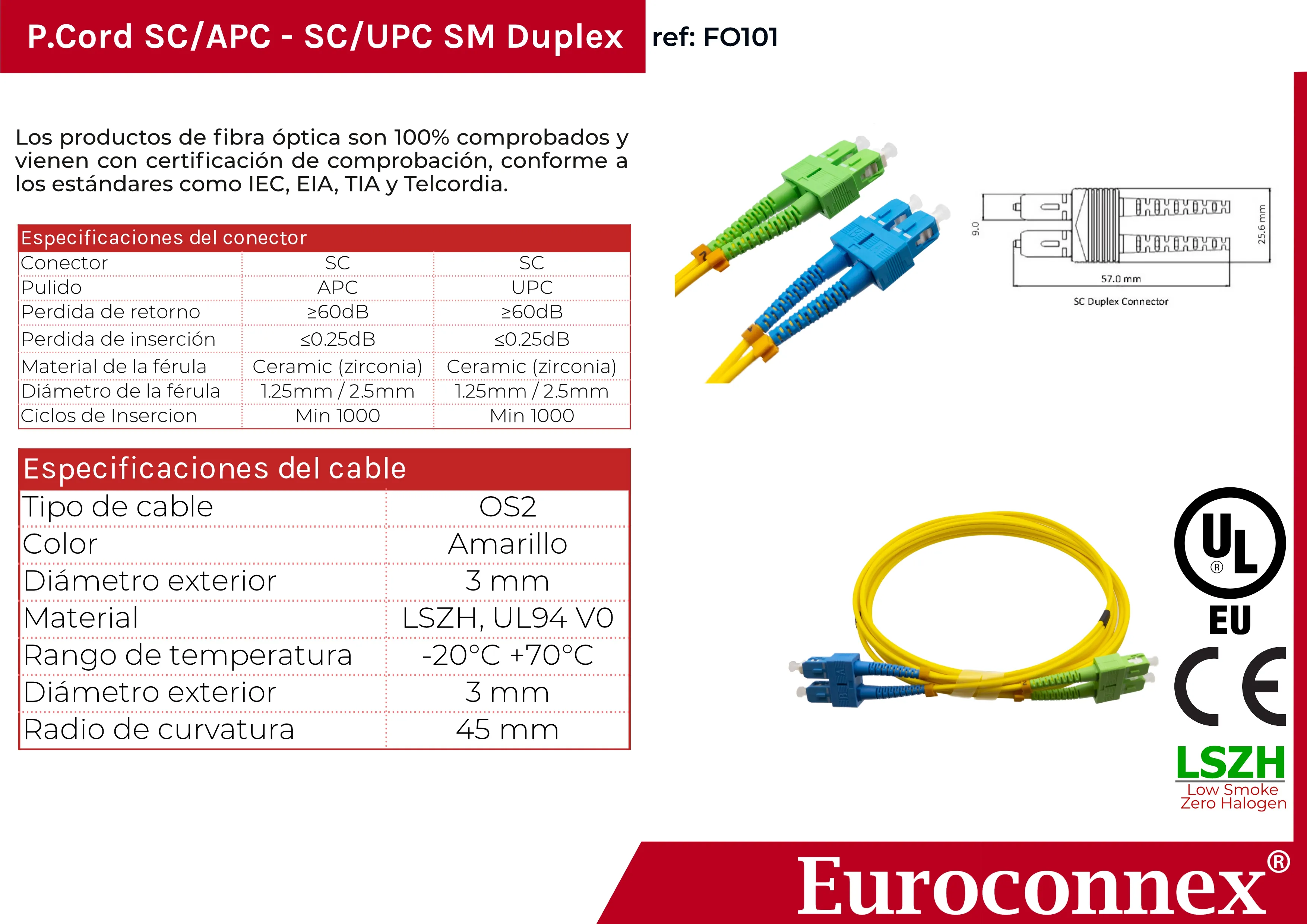 Cable de fibra óptica SC/APC a SC/UPC Monomodo Duplex, 1m — imagen 2