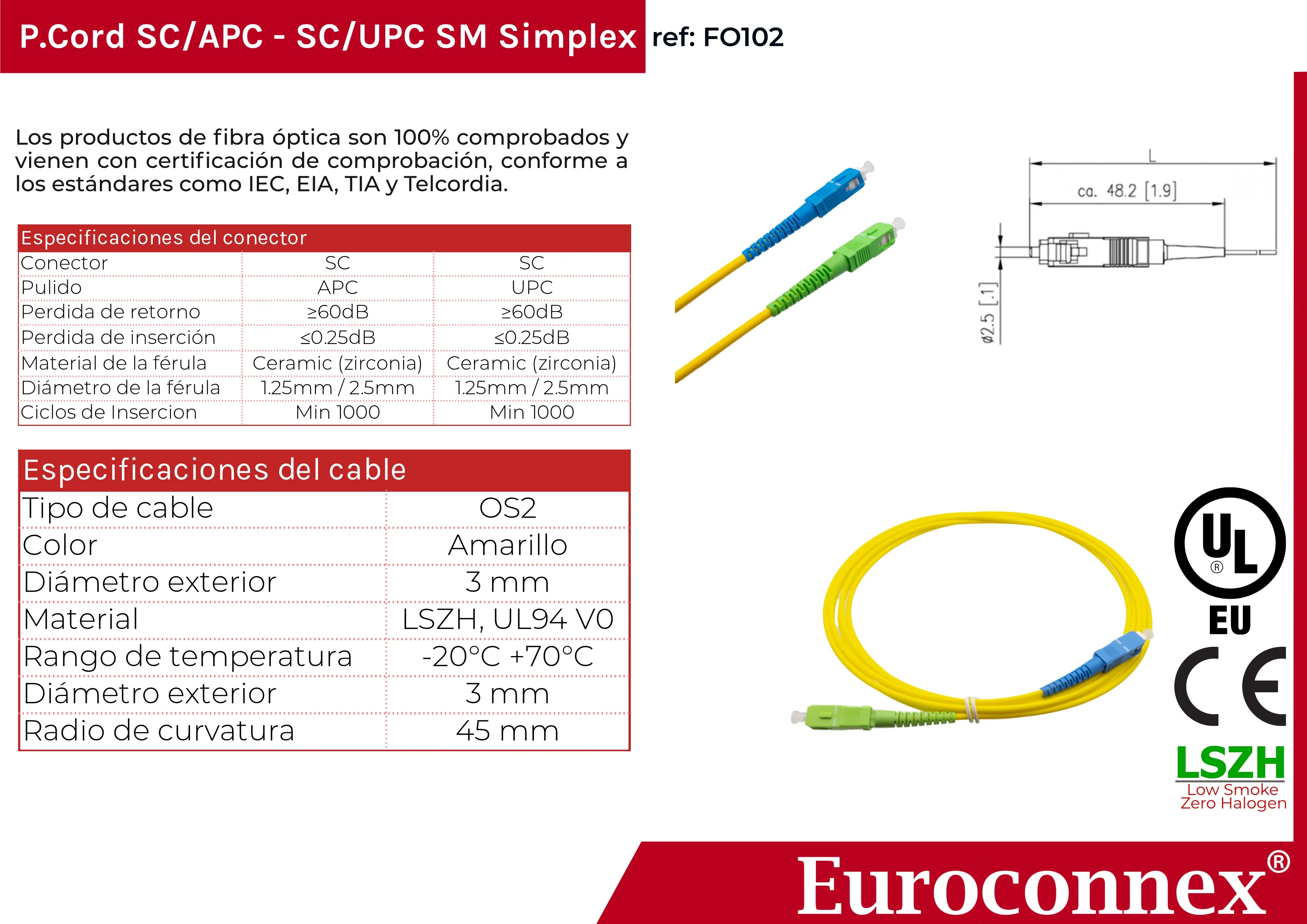 Cable de fibra óptica SC/APC a SC/UPC Monomodo Simplex, 3m — imagen 2