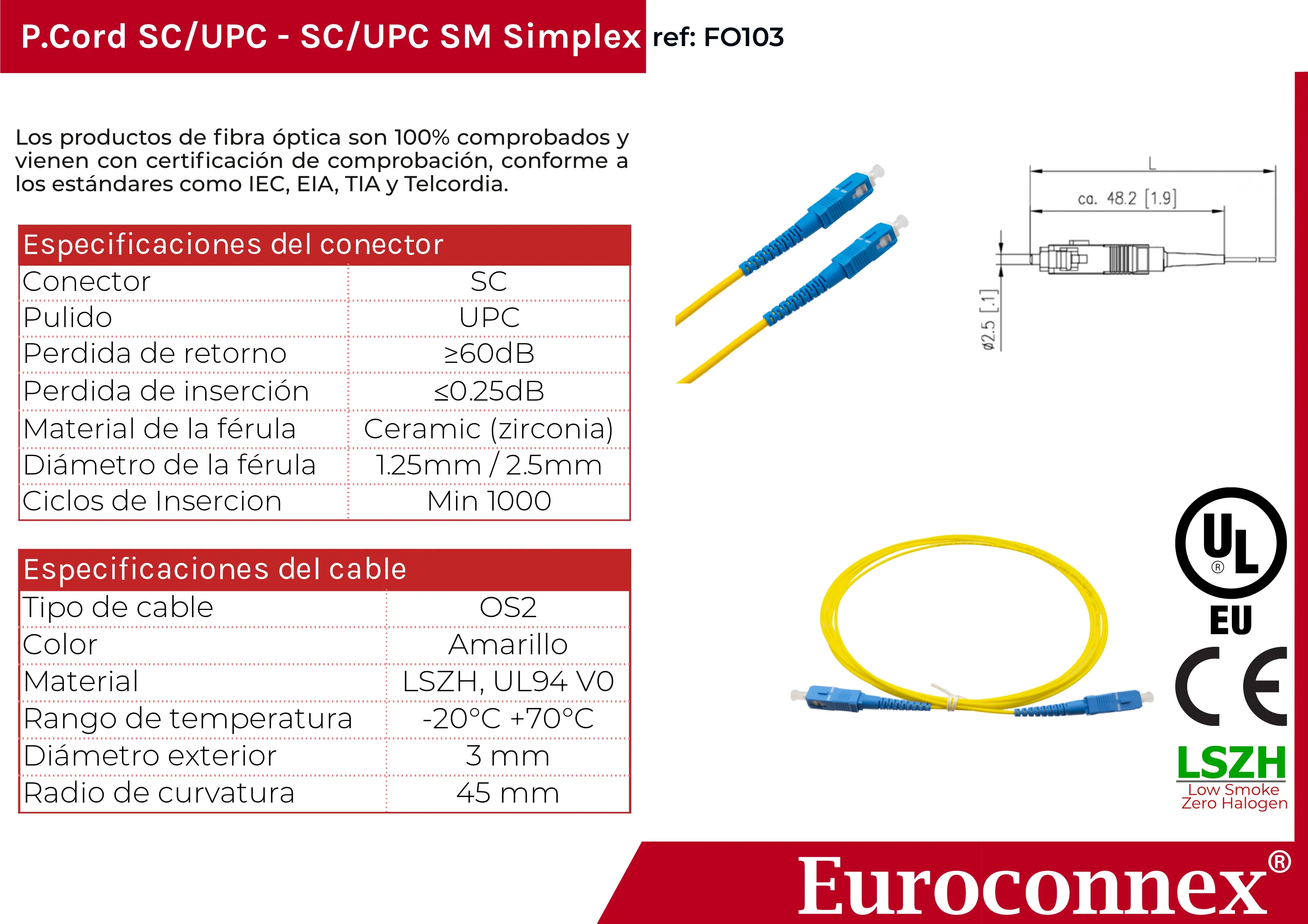 Cable de fibra óptica SC/UPC a SC/UPC Monomodo Simplex, 3m — imagen 2