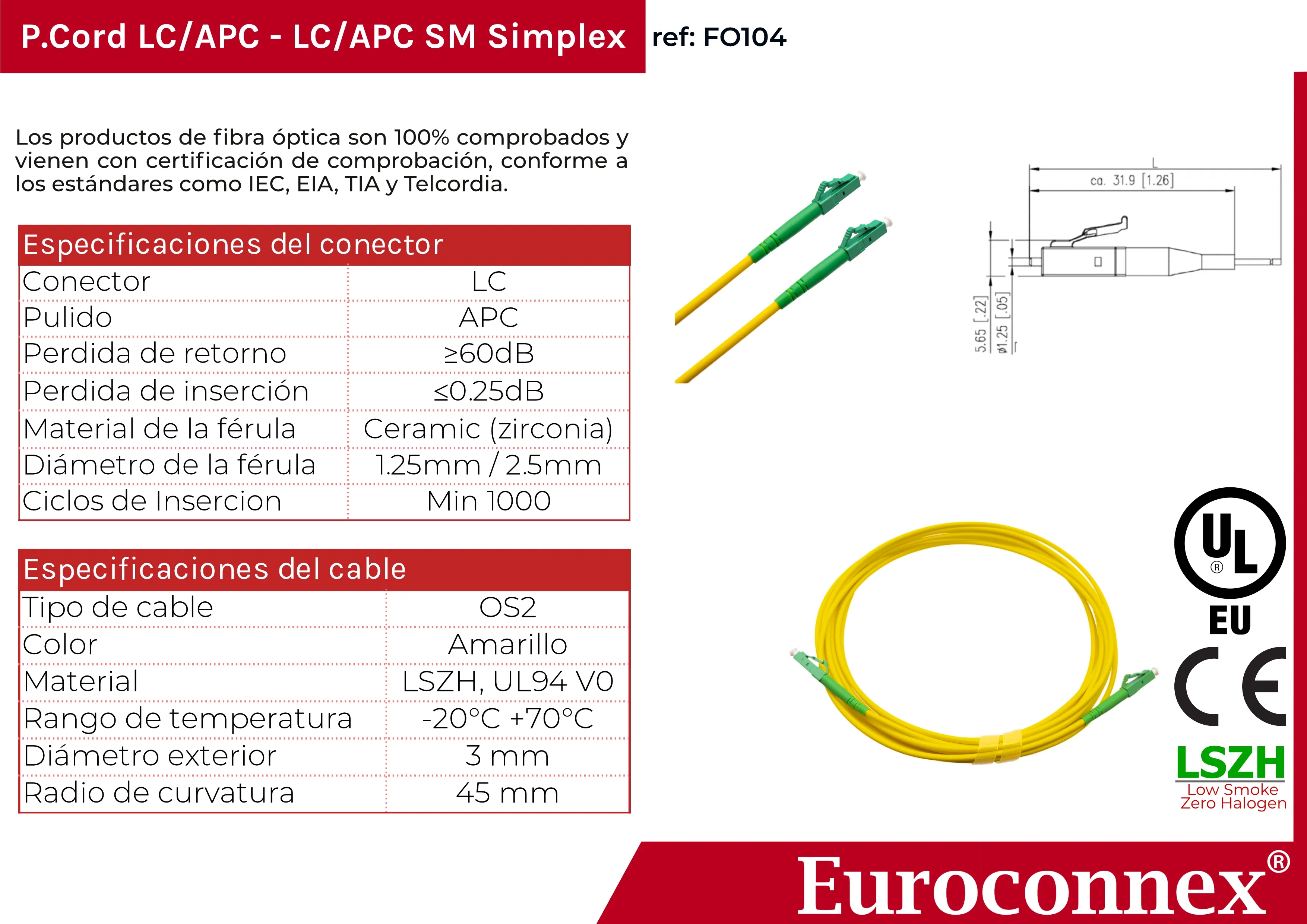 Cable de fibra óptica LC/APC a LC/APC Monomodo Simplex, 10m — imagen 2