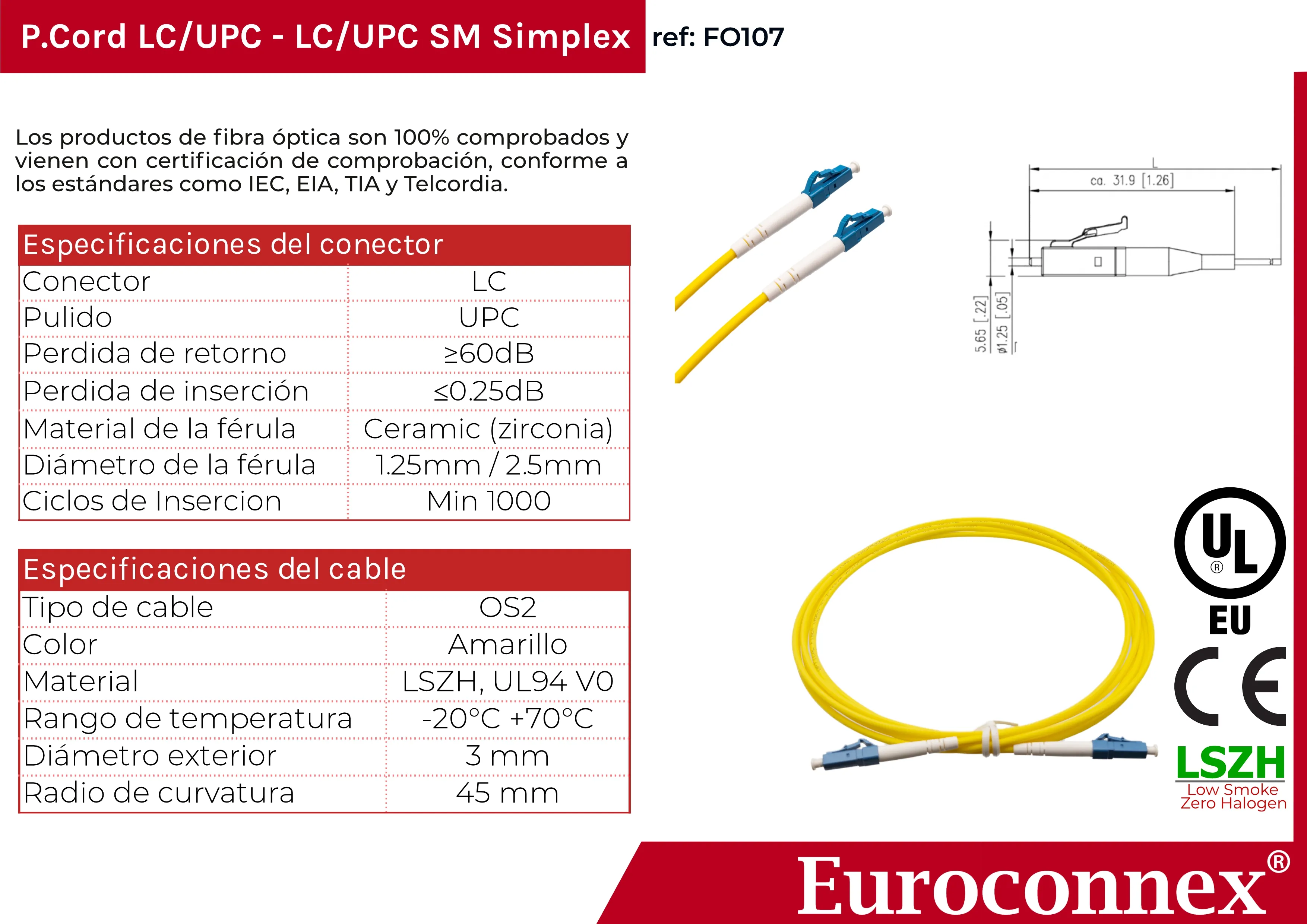 Cable de fibra óptica LC/UPC a LC/UPC Monomodo Simplex, 1m — imagen 2