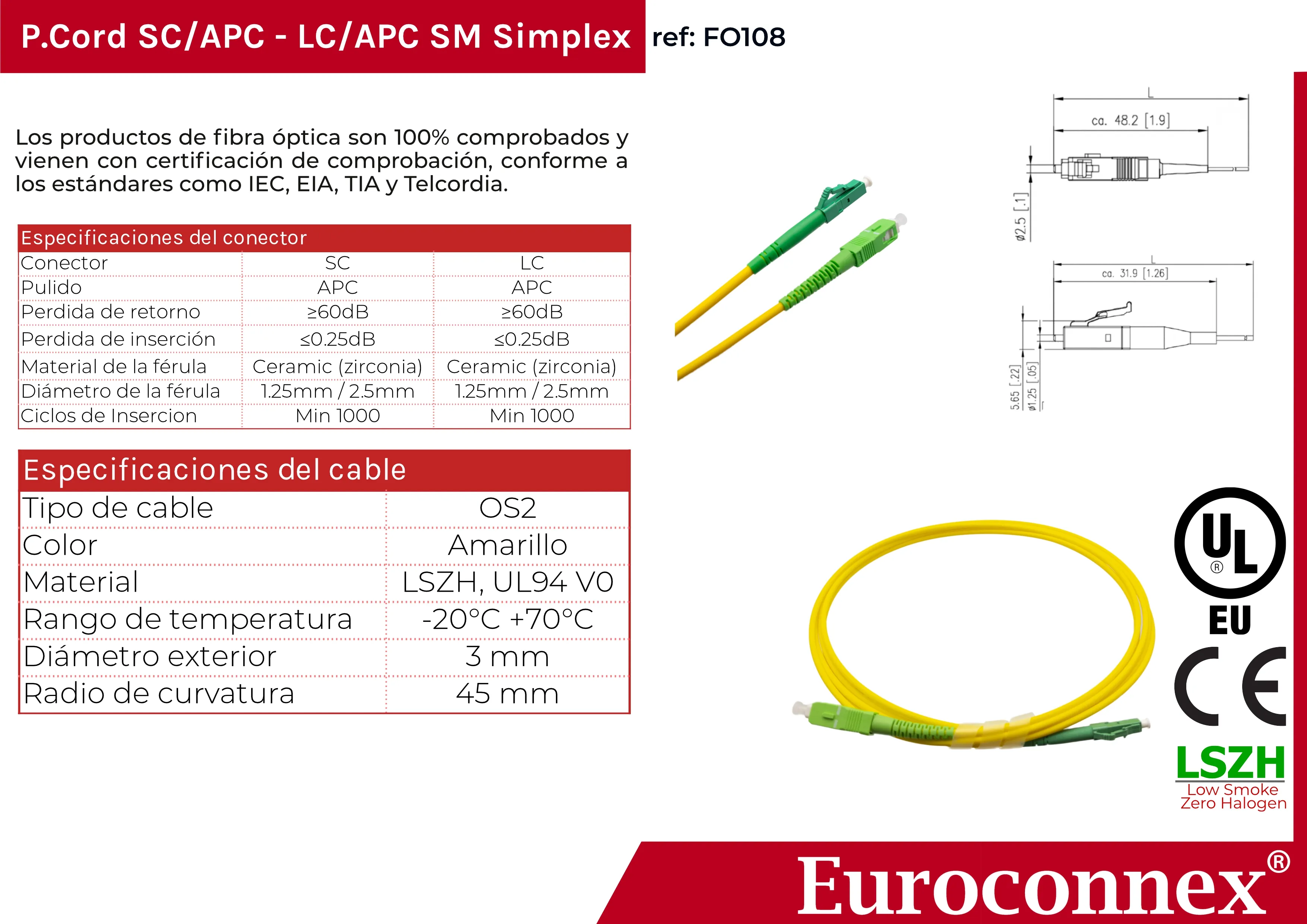 Cable de fibra óptica LC/APC a SC/APC Monomodo Simplex, 2m — imagen 2