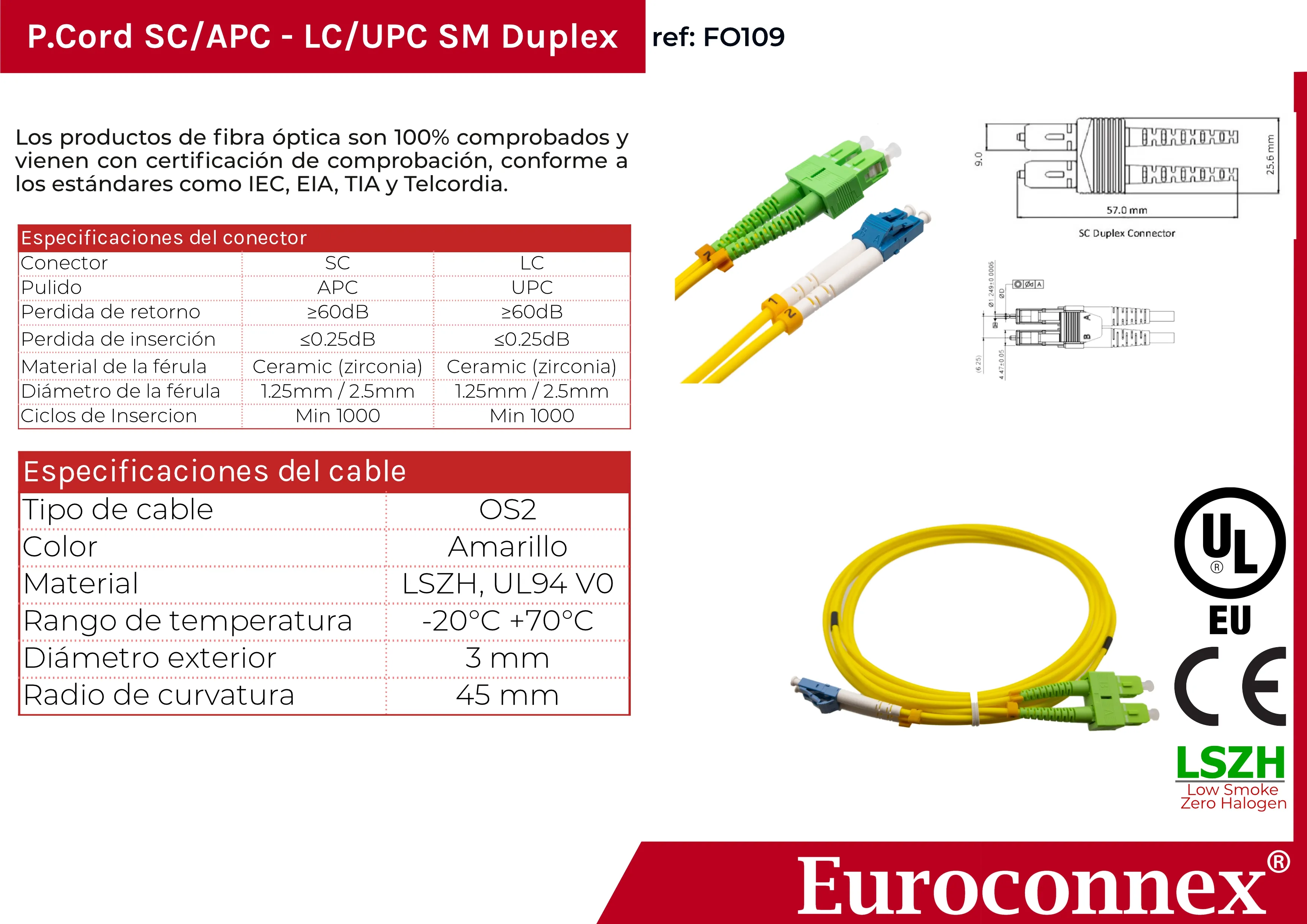 Cable de fibra óptica LC/UPC a SC/APC Monomodo Duplex, 1m — imagen 2