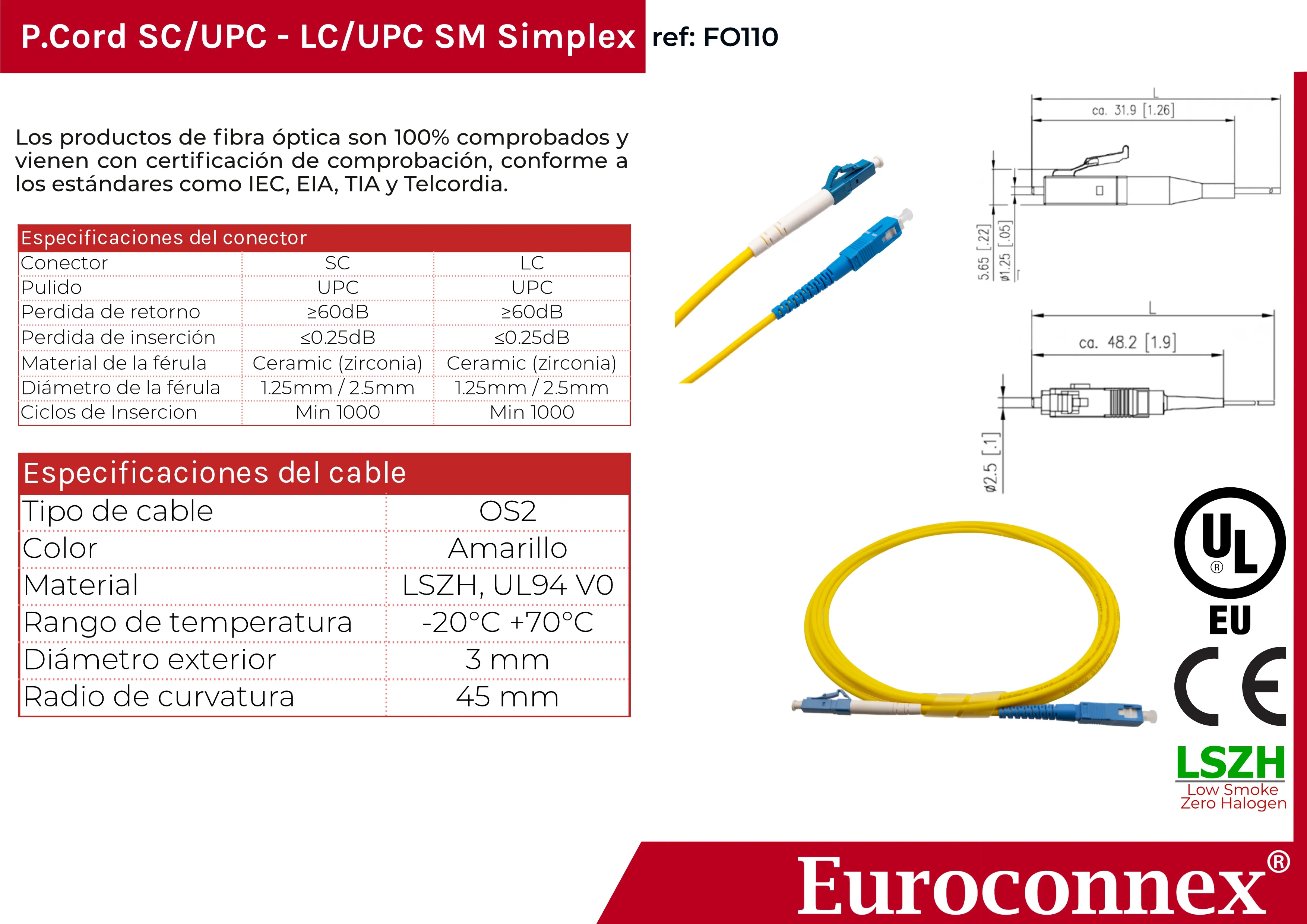 Cable de fibra óptica LC/UPC a SC/UPC Monomodo Simplex, 3m — imagen 2