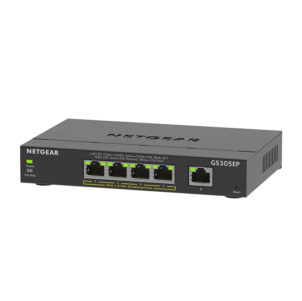 ProSafe Gigabit Ethernet Switch 5 puertos 4 x PoE+ (63W)  (Sobremesa) Monitorización, VLAN, Prioriza