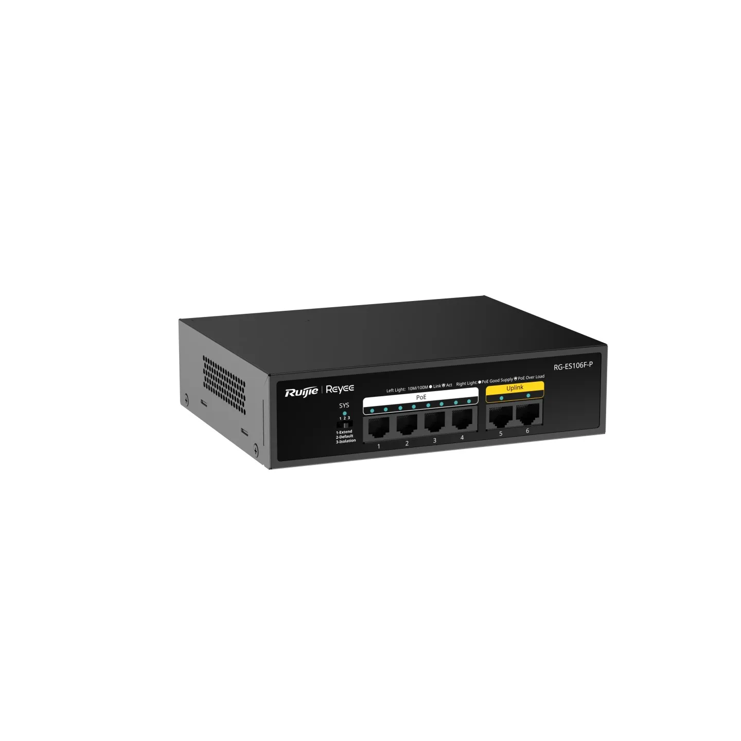 Reyee Switch PoE Sobremesa - Carcasa Metal - 6 puertos RJ45 10/100 Mbps - 4 Puertos PoE+ 802.3af/at + 2 Puertos Uplink - Plug and Play - Tecnología ahorro de energía — imagen 2