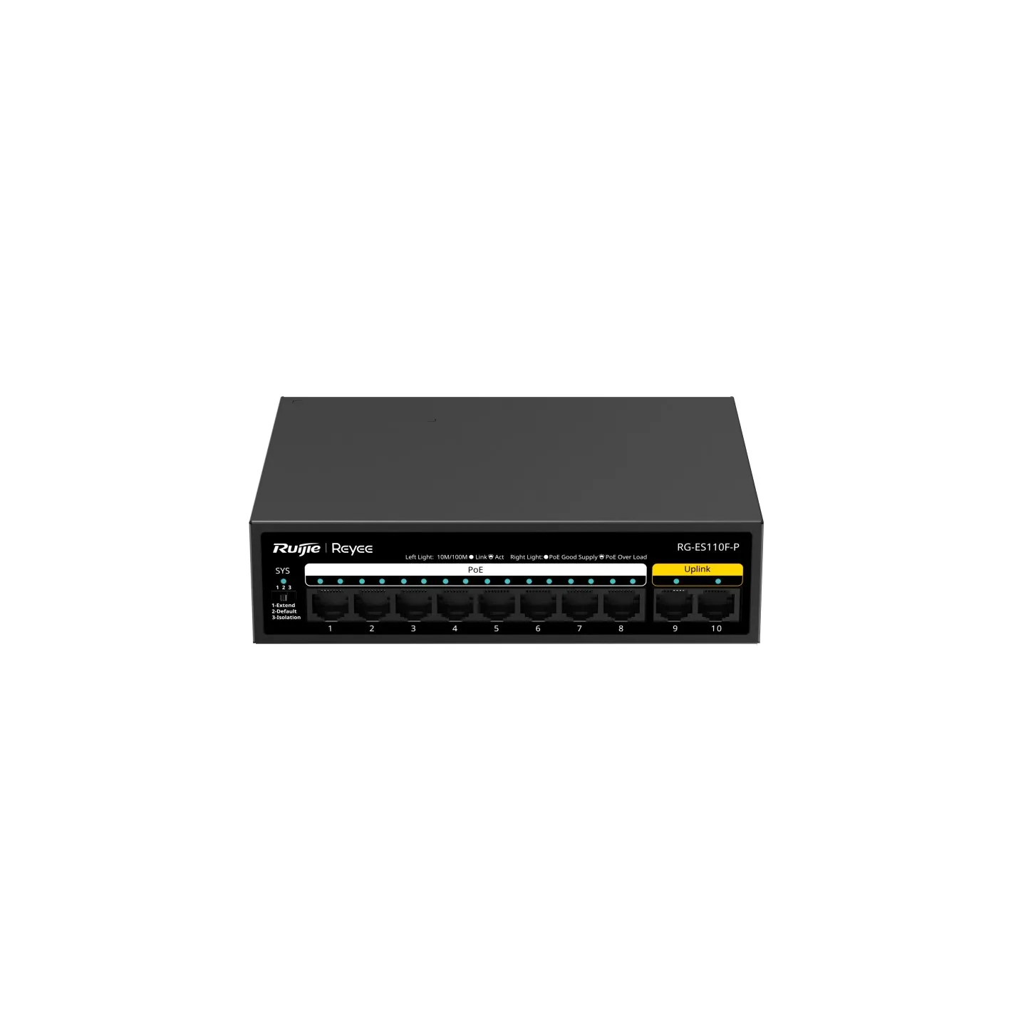 Reyee Switch PoE Sobremesa - Carcasa Metal - 8 puertos RJ45 10/100 Mbps PoE+ 802.3af/at  - 2 Puertos Uplink RJ45 10/100 Mbps - Plug and Play - Tecnología de ahorro de energía