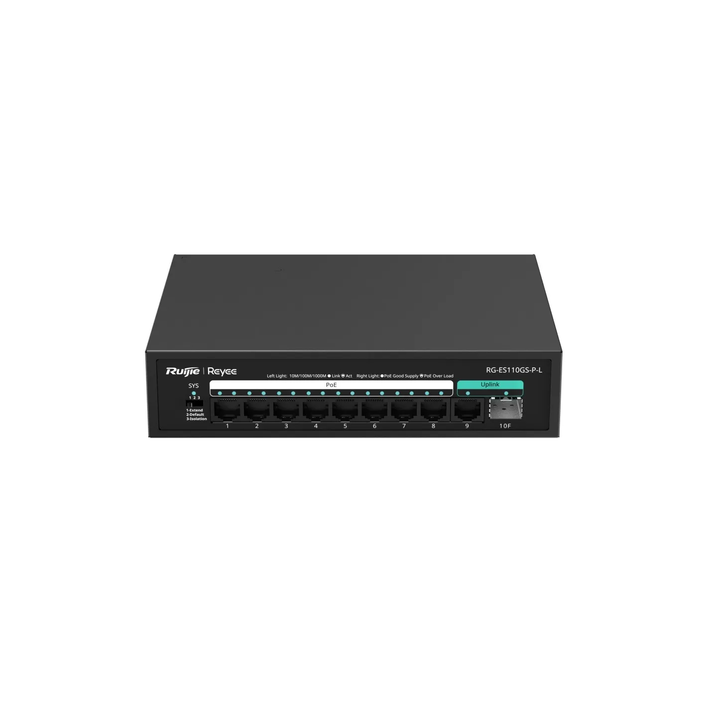 Reyee Switch PoE Sobremesa - 8 Puertos RJ45 + 1 Uplink RJ45 + 1 Uplink SFP - 8 Puertos Gigabit + 2 Puertos Gigabit - 8 Puertos PoE+ 802.3af/at | Potencia total 120W - Aislado de Puertos / Flow Control / PoE Watchdog - Plug and Play