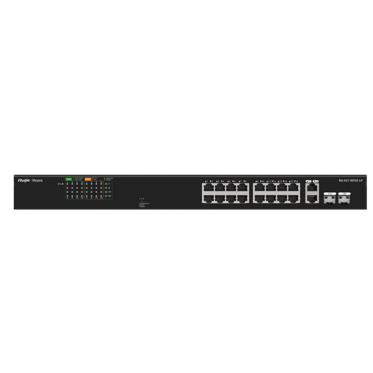 Reyee Switch PoE Sobremesa - Carcasa Metal - Enracable - 16 Puertos RJ45 10/100 Mbps + 2 Uplink Gigabit - 16 Puertos PoE+ 802.3af/at | Potencia total 120W - Plug and Play - Tecnología ahorro de energía