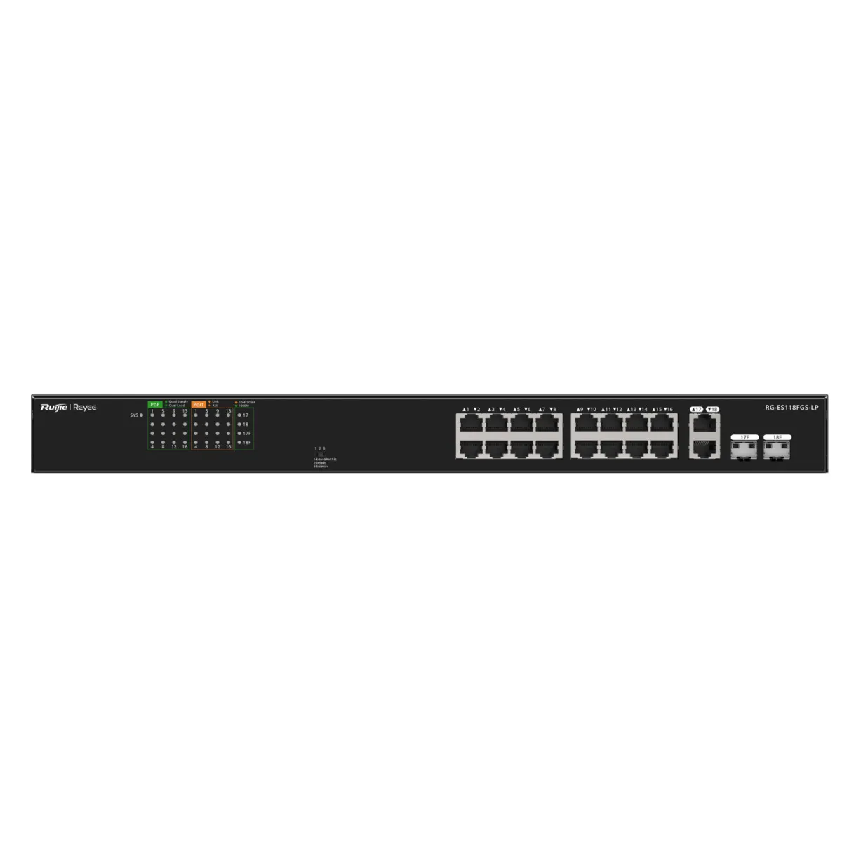 Reyee Switch PoE Sobremesa - Carcasa Metal - Enracable - 16 Puertos RJ45 10/100 Mbps + 2 Uplink Gigabit - 16 Puertos PoE+ 802.3af/at | Potencia total 120W - Plug and Play - Tecnología ahorro de energía