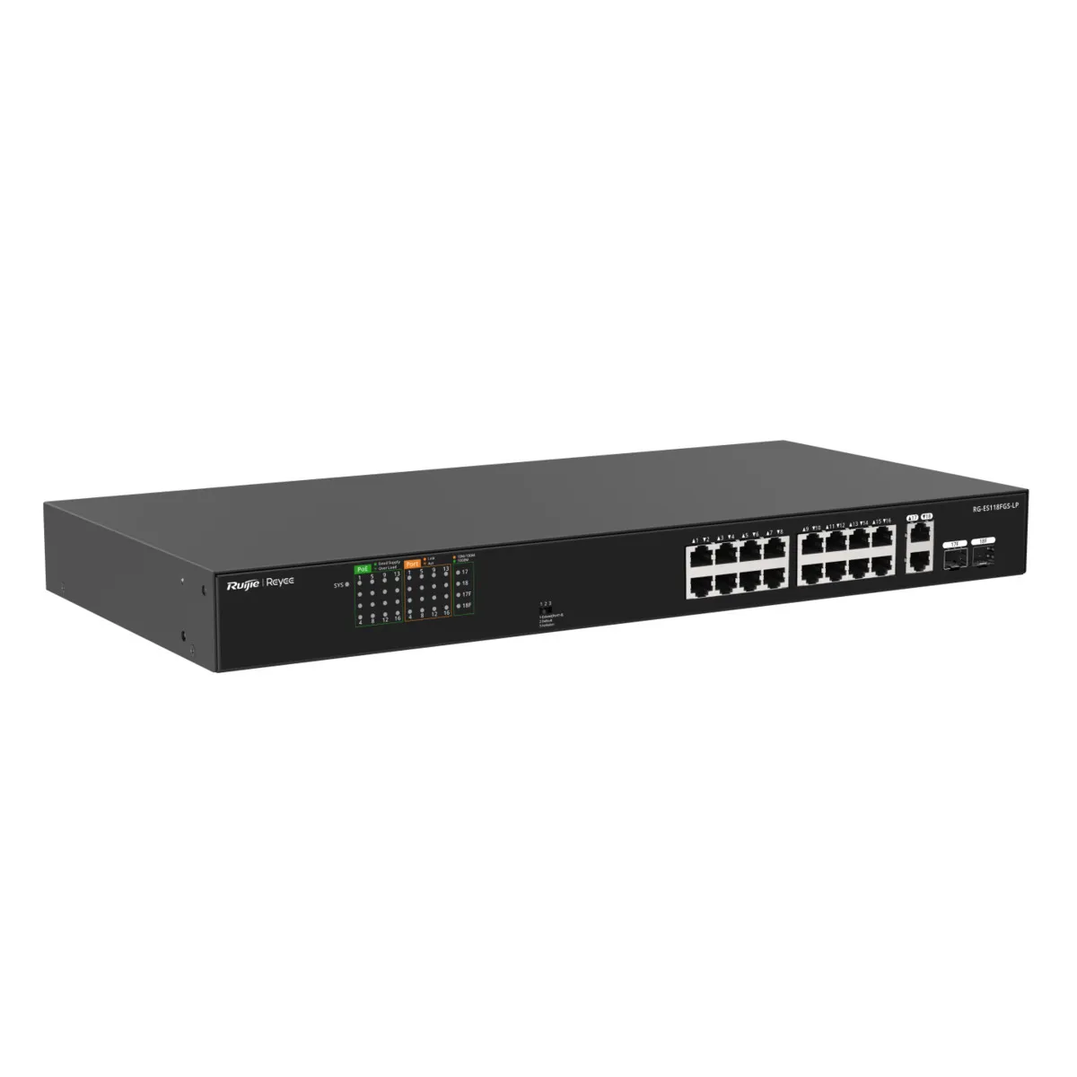 Reyee Switch PoE Sobremesa - Carcasa Metal - Enracable - 16 Puertos RJ45 10/100 Mbps + 2 Uplink Gigabit - 16 Puertos PoE+ 802.3af/at | Potencia total 120W - Plug and Play - Tecnología ahorro de energía — imagen 4