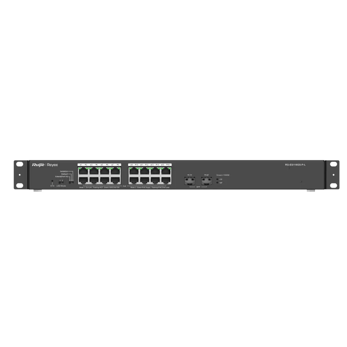 Reyee Switch PoE Sobremesa - 16 Puertos RJ45 + 2 Uplink SFP - 16 Puertos Gigabit + 2 Puertos Gigabit - 16 Puertos PoE+ 802.3af/at | Potencia total 247W - Aislado de Puertos / Flow Control - Plug and Play