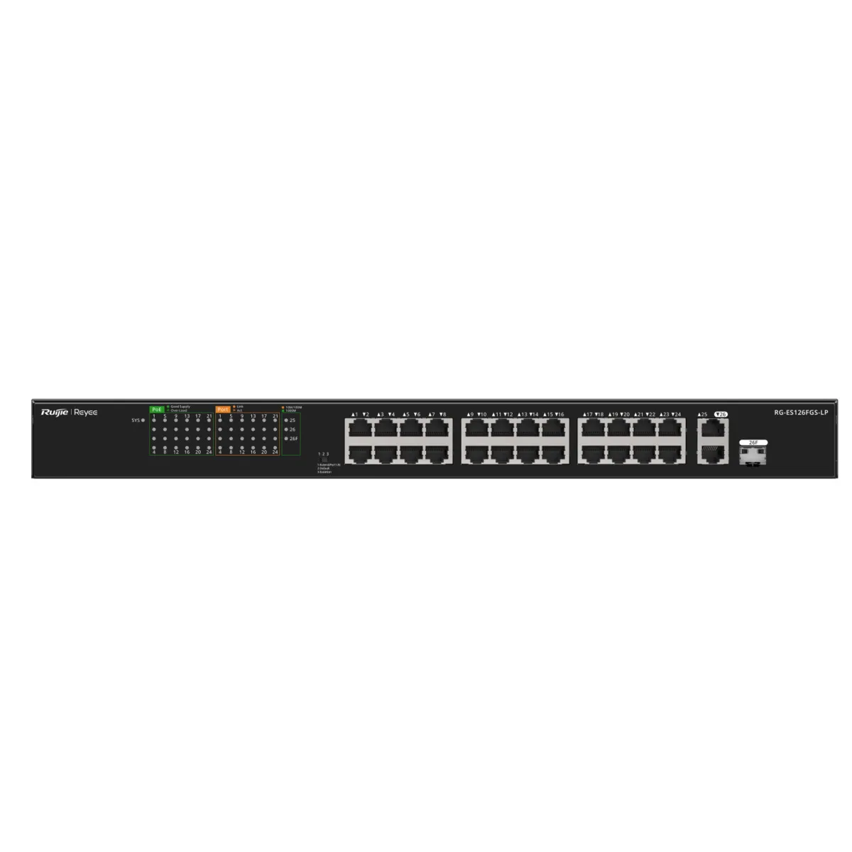 Reyee Reconnectable PoE Switch - 24 Ports RJ45 + 1 Uplink RJ45 + 1 SFP Combo - 24 Ports 10/100Mbps + 2 Ports 10/100/1000Mbp - 24 Ports PoE+ 802.3af/at | Total Power 180W - Port Isolation / Flow Control - Plug and Play