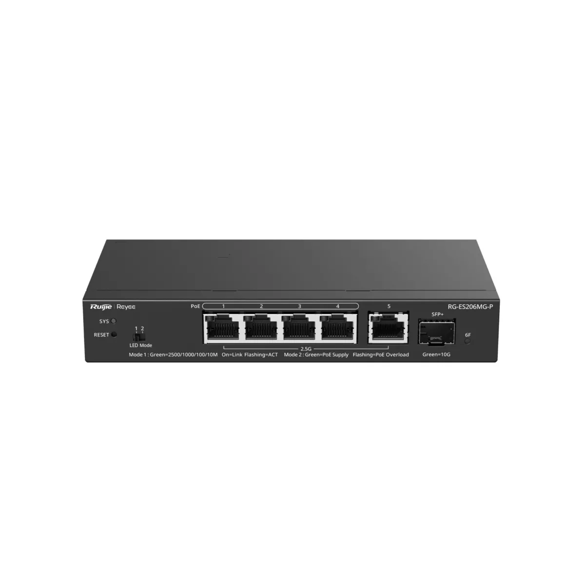Reyee Switch PoE Cloud Capa 2 - 5 puertos PoE MultiGigabit+ 1 10Gbps SFP+ -  PoE 802.3af/at hasta 30w / Máximo 70W - Static LAG/DHCP Snoop/Port Mirror - VLAN/Port Isolation/PoE Watchdog - Enrackable
