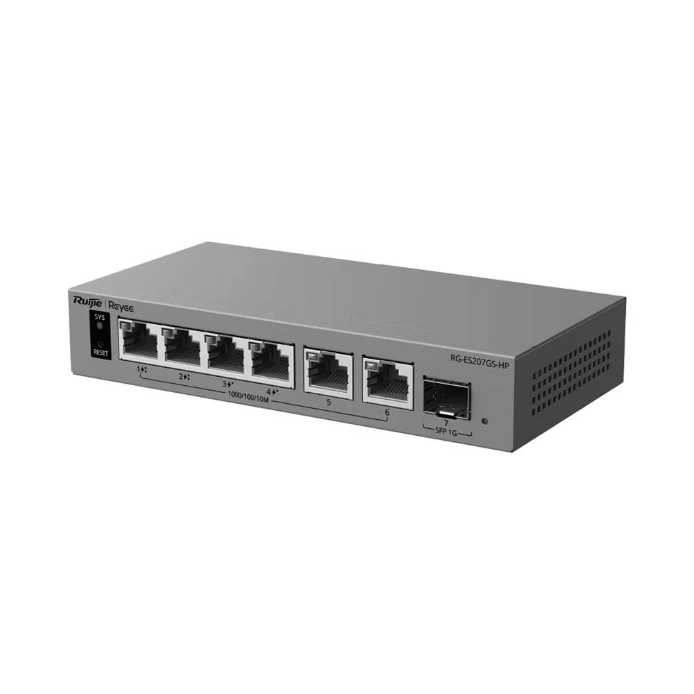Ruijie Reyee L2 PoE Switch - 6 puertos Gigabit y 1 ranura SFP de subida - Puertos 2 con inyección PoE++ (802.3bt) - PoE de 120 W - PoE Watchdog y suministro ininterrumpido