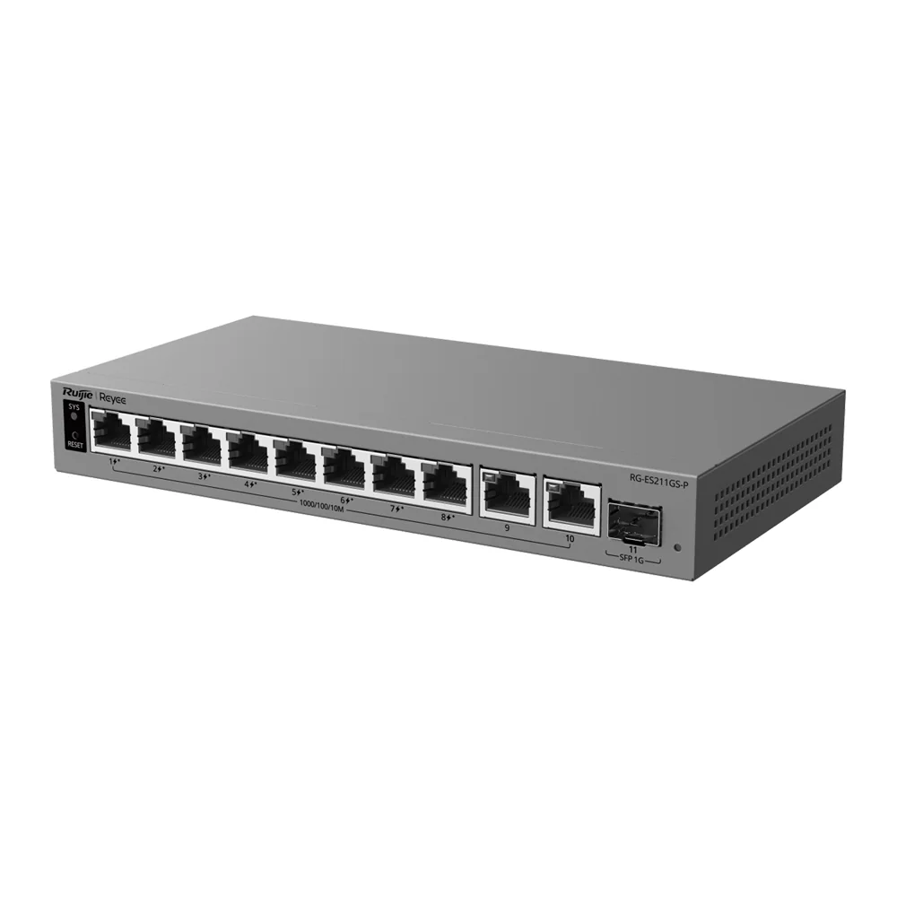 Ruijie Reyee L2 Switch - 10 puertos Gigabit RJ45 y 1 ranura SFP - 8 puertos con inyección PoE+ (Presupuesto 120W) - Suministro PoE continuo y Watchdog inteligente - Protección sobretensiones de hasta 6 kV