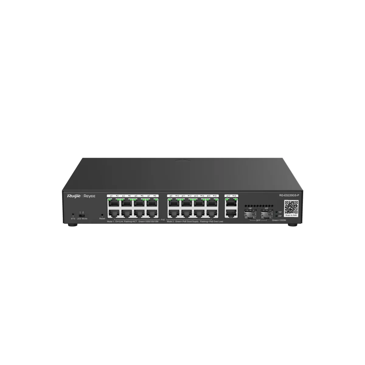 Reyee Switch PoE Cloud Gestionable - 16 PoE 802.3af/at + 2 SFP + 2 uplink RJ45 - Máximo 250W