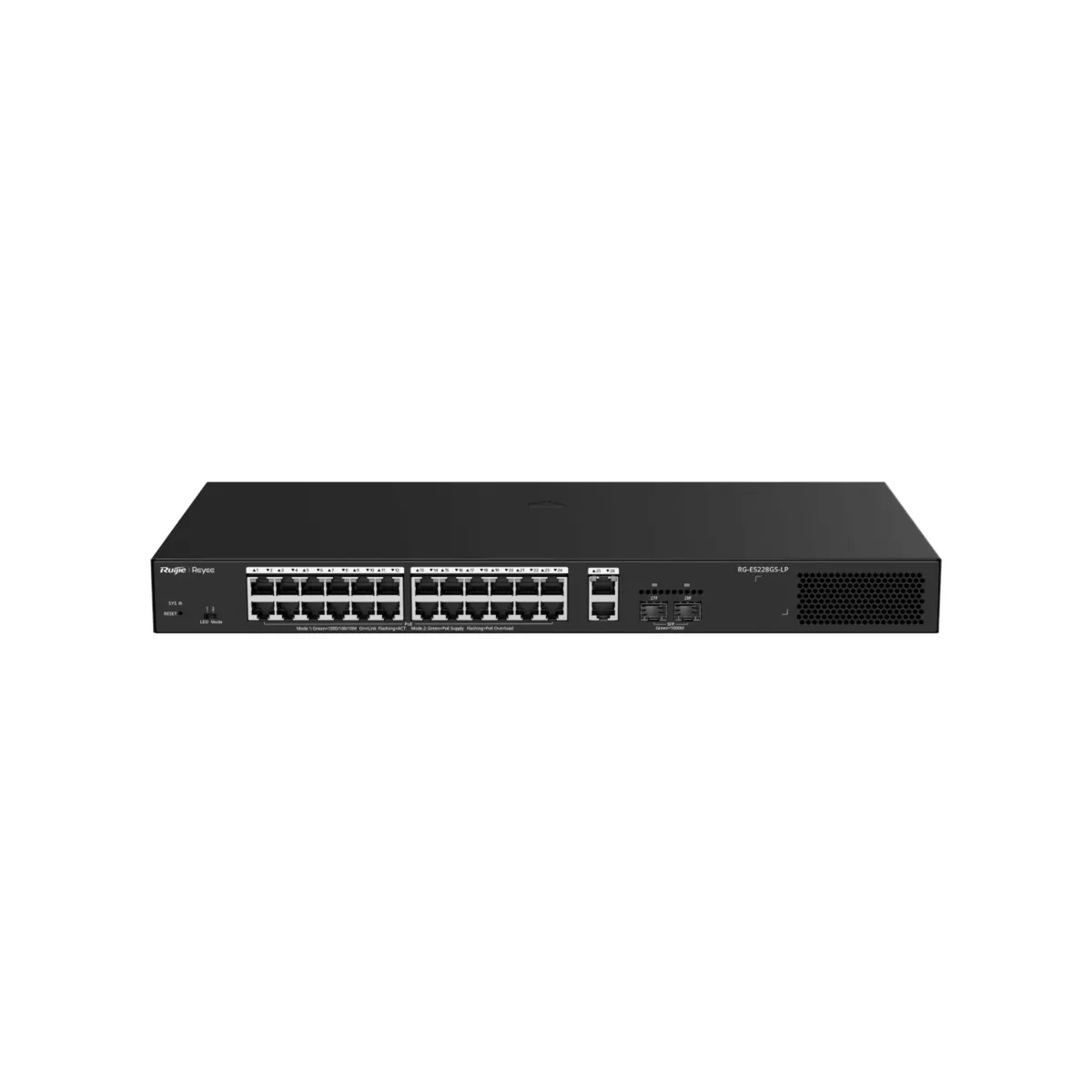 Reyee Managed Cloud PoE Switch – 24 PoE Ports 802.3af/at + 2 SFP Ports + 2 Uplink RJ45 – 26 RJ45 10/100/1000Mbps + 2 SFP 10/100/1000 – 30W per Port 802.3af/at / Max 250W - VLAN/Port Isolation/Loop Detection – Port Speed Limit