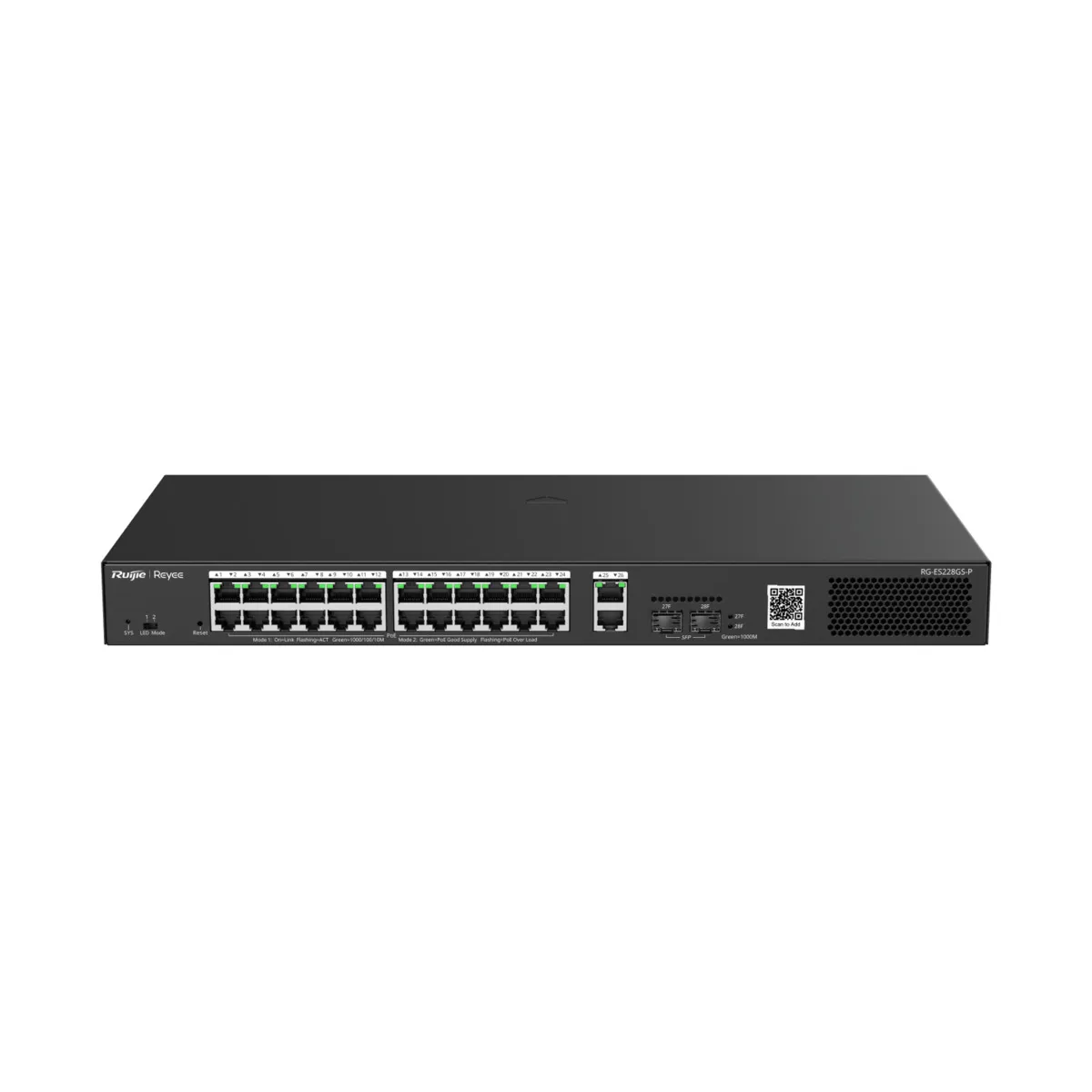 Reyee Switch PoE Cloud Gestionable - 24 PoE 802.3af/at + 2 SFP + 2 uplink RJ45 - Máximo 370W
