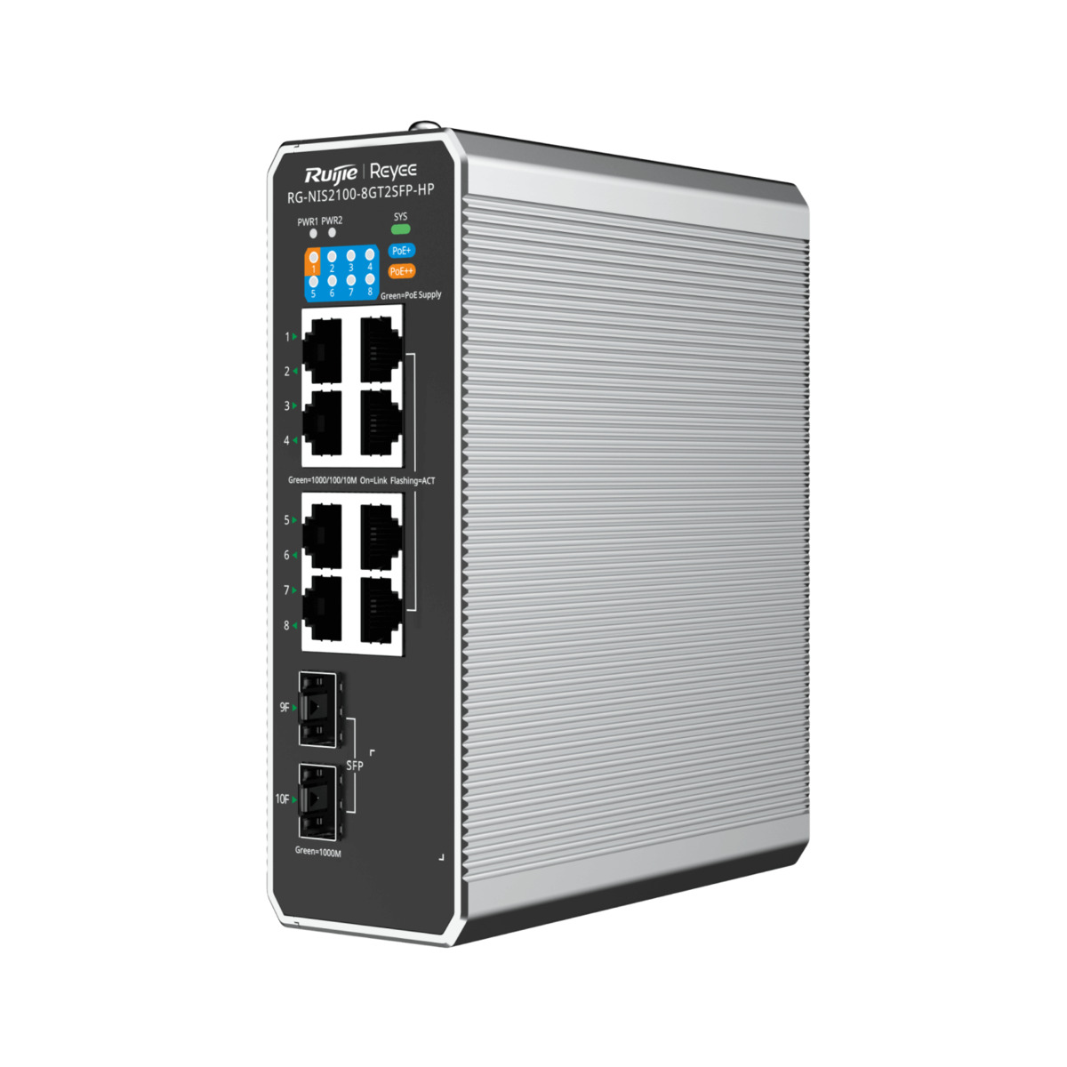 Reyee Switch Industrial PoE Cloud Capa 2 - 8 puertos RJ45+ Gigabit + 2 puertos SFP - 8 PoE+ + 1 Hi-PoE - Montaje en carril DIN