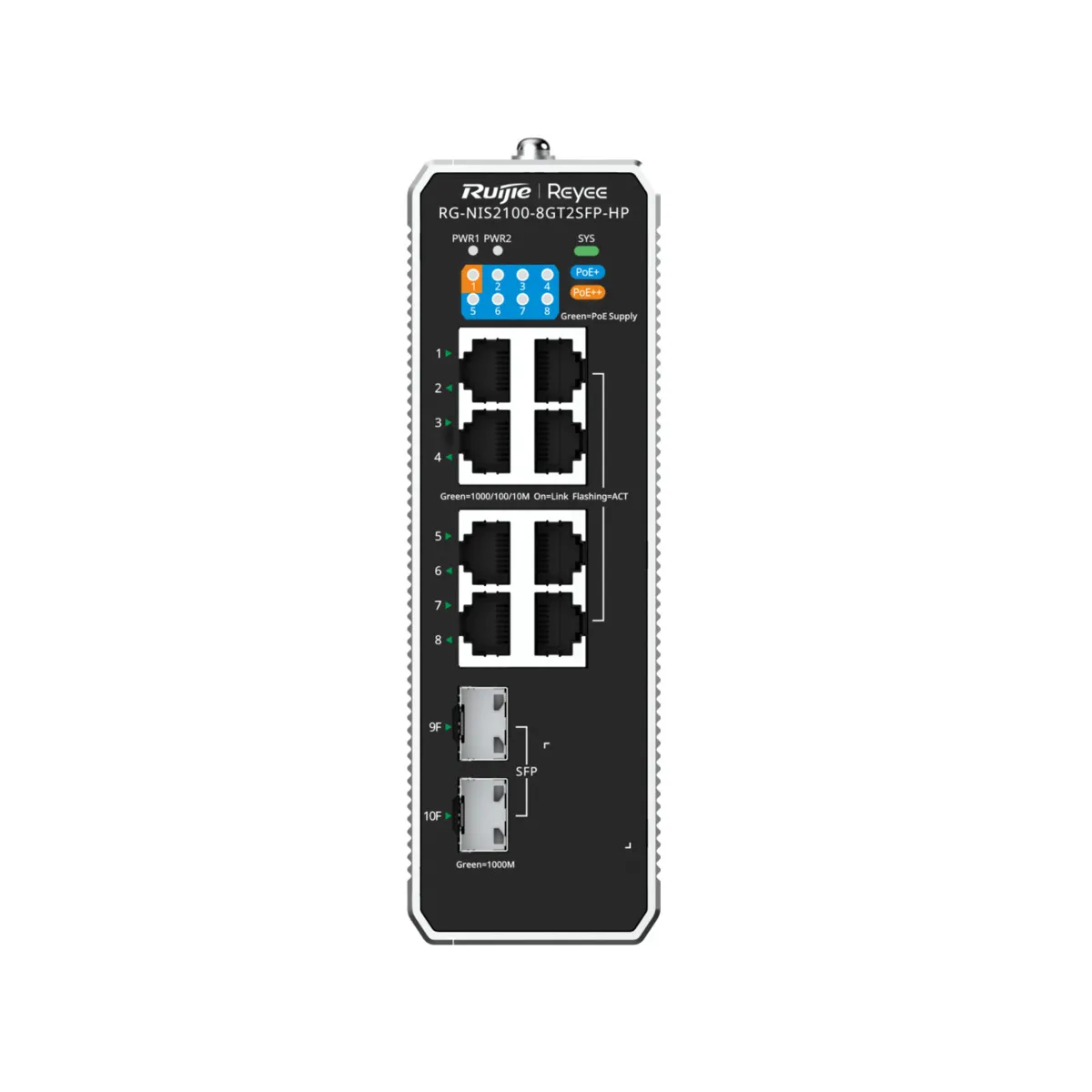 Reyee Switch Industrial PoE Cloud Capa 2 - 8 puertos RJ45+ Gigabit + 2 puertos SFP - 8 PoE+ + 1 Hi-PoE - Montaje en carril DIN — imagen 2