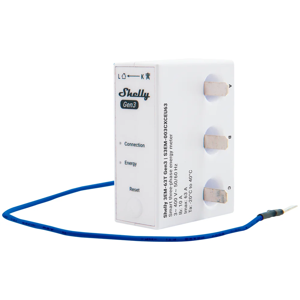 Shelly 3EM-63T Gen3 - WiFi 2.4 GHz / Bluetooth - Medidor de consumo - Soporta 110-230 V - Ideal para viviendas - Compatible con Alexa y Google