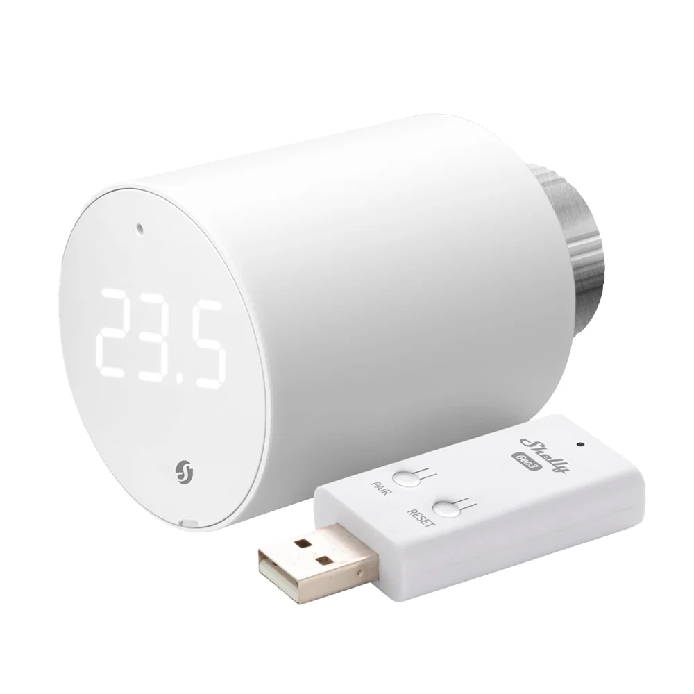 Shelly BLU TRV x1 + Shelly Blu Gateway Gen3 - WiFi 2.4 GHz IEEE802.11 b/g/n / Bluetooth - Cabezal Termostático Inteligente - Incluye HUB / Gateway - Control preciso de temperatura - Compatible con Alexa y Google