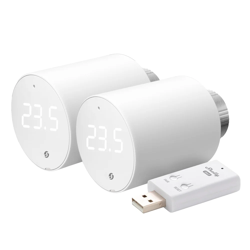 Shelly BLU TRV x2 + Shelly Blu Gateway Gen3 - WiFi 2.4 GHz IEEE802.11 b/g/n / Bluetooth - Cabezal Termostático Inteligente - Incluye HUB / Gateway - Control preciso de temperatura - Compatible con Alexa y Google