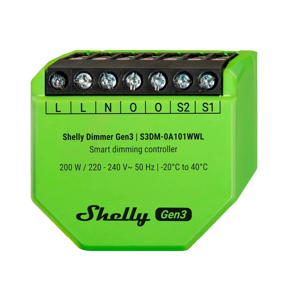 Shelly Dimmer Gen 3 - WiFi 2.4 GHz IEEE802.11 b/g/n / Bluetooth - Regulador intensidad de luz - Soporta 110-230 V - Funciona con neutro / sin neutro - Compatible con Alexa y Google