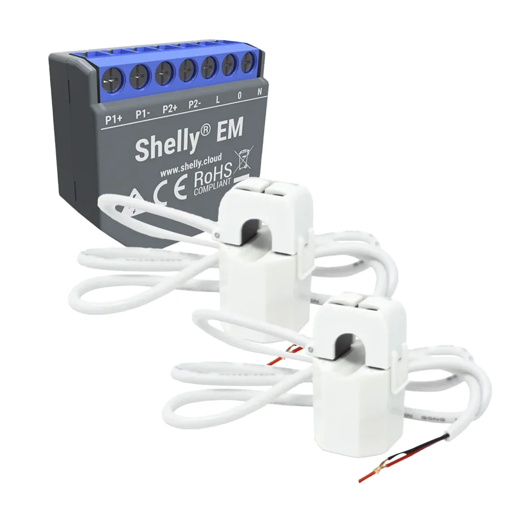 Shelly EM + 2 x 50A - WiFi 2.4 GHz IEEE802.11 b/g/n - Medidor de consumo - Soporta 110-240 V - Ideal para viviendas - Compatible con Alexa y Google