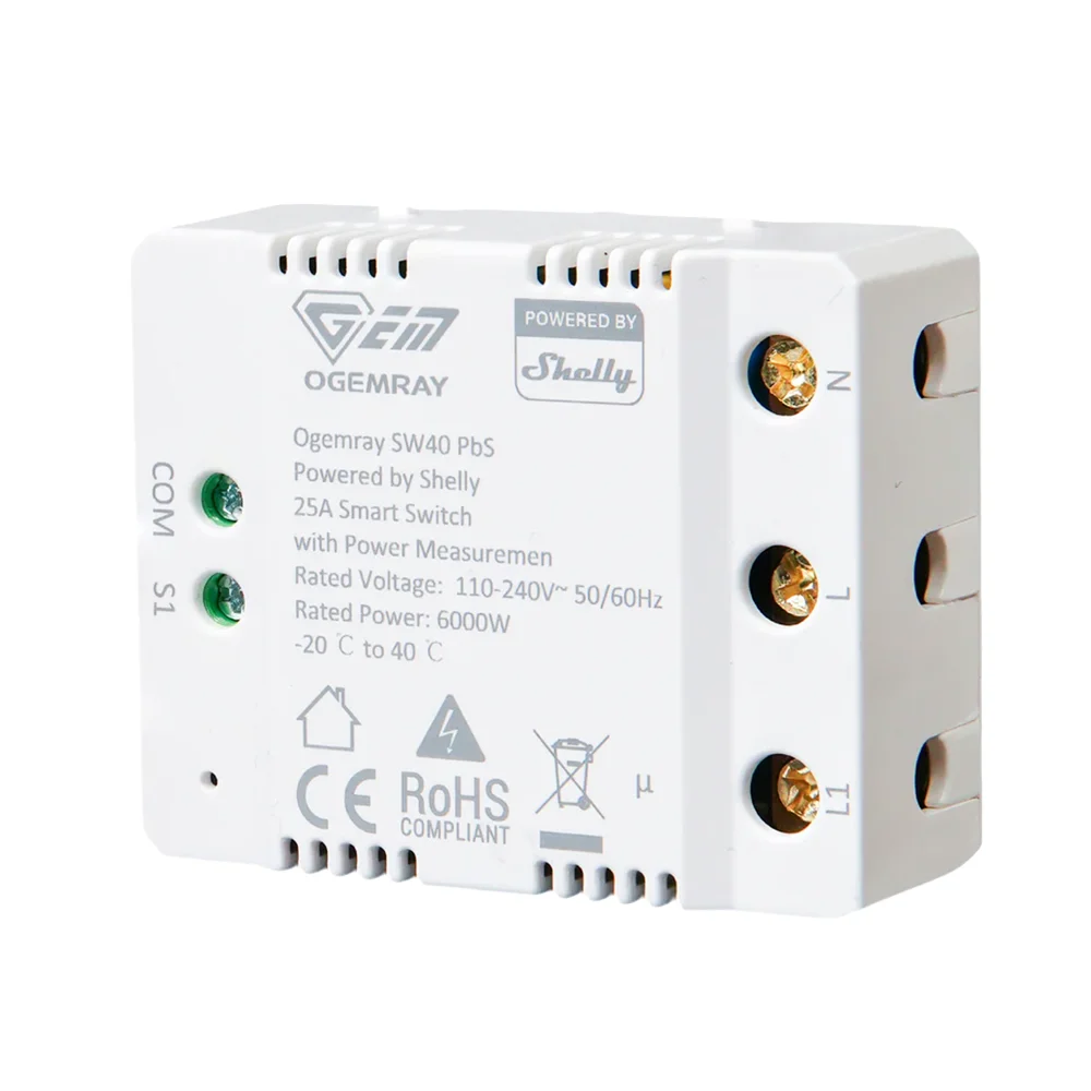 Ogemray Smart Relay 25A - WiFi 2.4 GHz / Bluetooth  - Relé Inteligente - Medidor de consumo - 1 salida hasta 25A / 6000W - Compatible con Alexa y Google