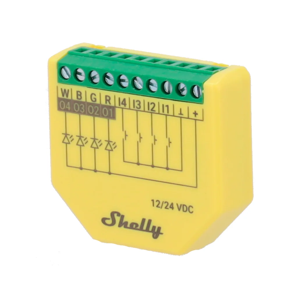 Shelly Controlador RGBW para tiras LED - WiFi 2.4 GHz IEEE802.11 b/g/n / Bluetooth - Admite cualquier tira de LED RGB/RGBW - Soporta 12V / 24V - Medición de potencia - Compatible con Alexa y Google