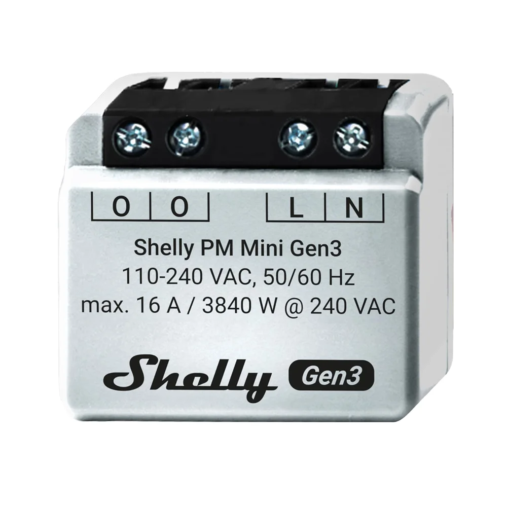 Shelly PM Mini Gen3 - WiFi 2.4 GHz IEEE802.11 b/g/n / Bluetooth -  Interruptor inteligente  - Soporta 110 - 240 VCA / 24 - 30 VCC - Contacto NA, 1 polo, contacto µ - Compatible con Alexa y Google