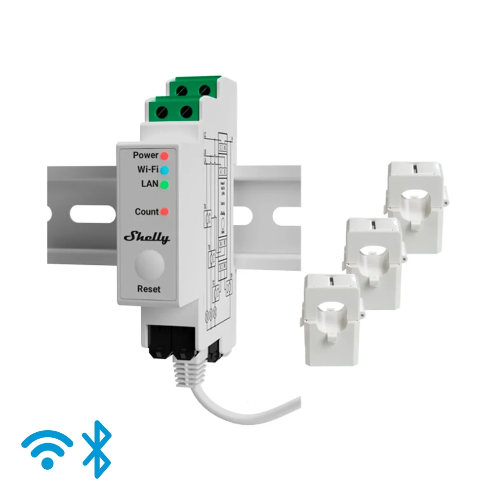 Shelly Pro 3EM 120A - WiFi 2.4 GHz / Bluetooth / LAN - Medidor de consumo - Soporta 110-230 V - Ideal para viviendas - Compatible con Alexa y Google