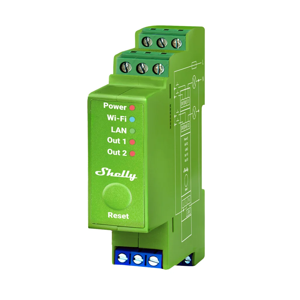 Shelly Pro Dimmer 2PM - WiFi 2.4 GHz IEEE802.11 b/g/n / Bluetooth - Atenuador inteligente carril DIN - Soporta 110-240 V - Medidor de potencia - Compatible con Alexa y Google
