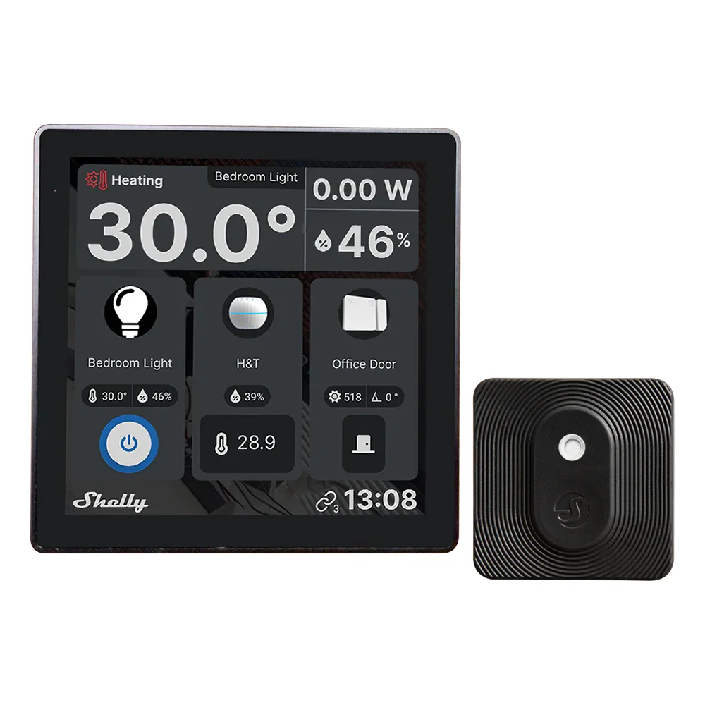 Shelly Wall Display Negro + BLU H&amp;T Negro - WiFi 2.4 GHz / Bluetooth - Sensor H&amp;T - Resistente al agua y al polvo - Batería de hasta 3 años - Compatible con Alexa y Google