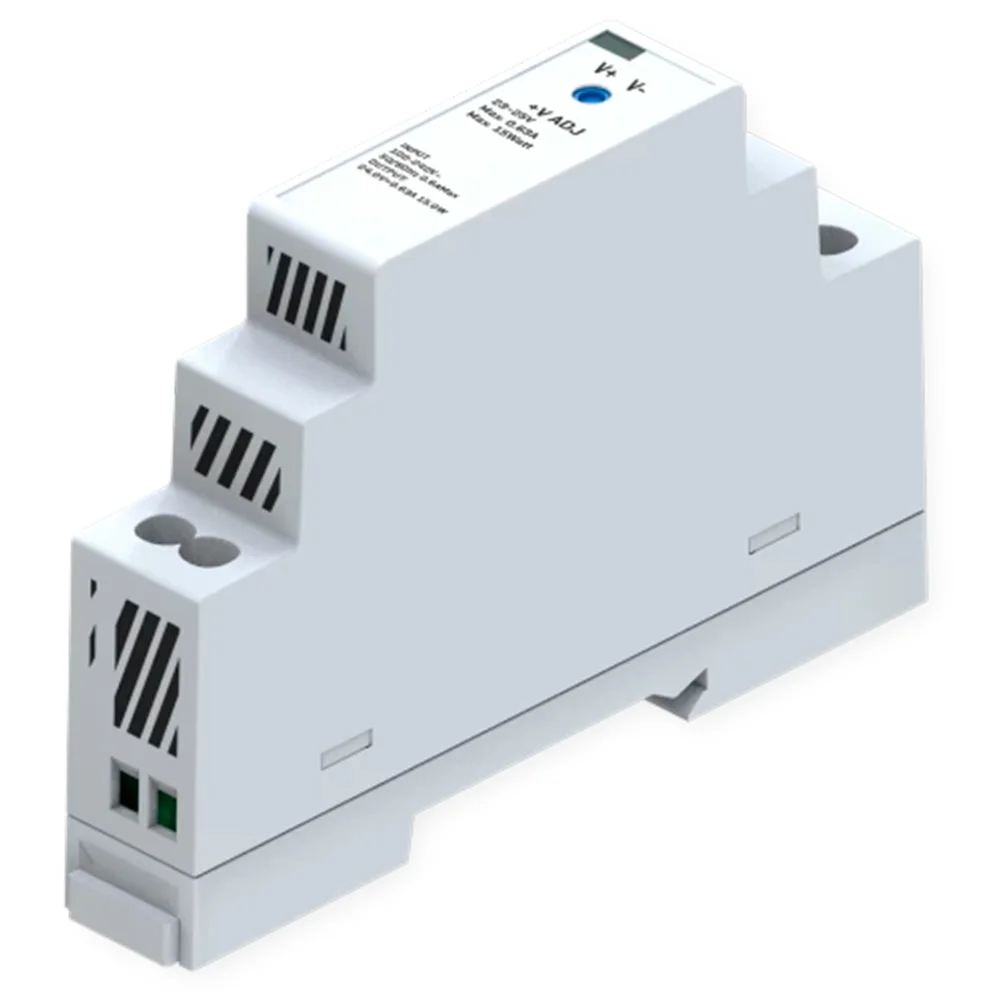 Fuente de alimentación  - Salida DC 24 V 0.63 A / 15 W - Voltaje entrada 90-264 VAC 50/60Hz - Dimensiones 18 x 90 x 58 mm - Montaje en carril DIN - Protección: Sobrecarga/Sobrevoltaje/Cortocircuito