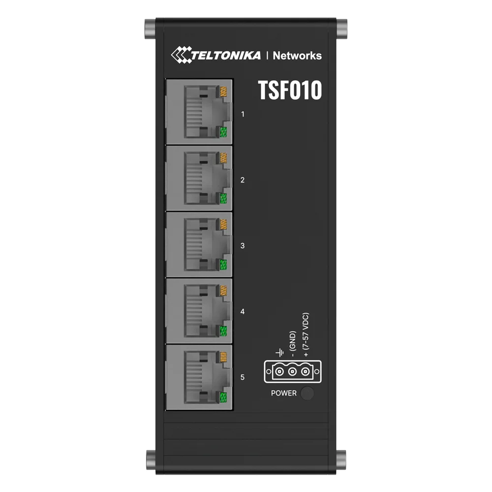 Teltonika Switch No gestionable Industrial - 5 puertos Ethernet RJ45 Fast Ethernet - Rugerizado Carcasa Aluminio Anodizado - Plug and Play - Alimentación DC 7 a 57V - Led de Estado