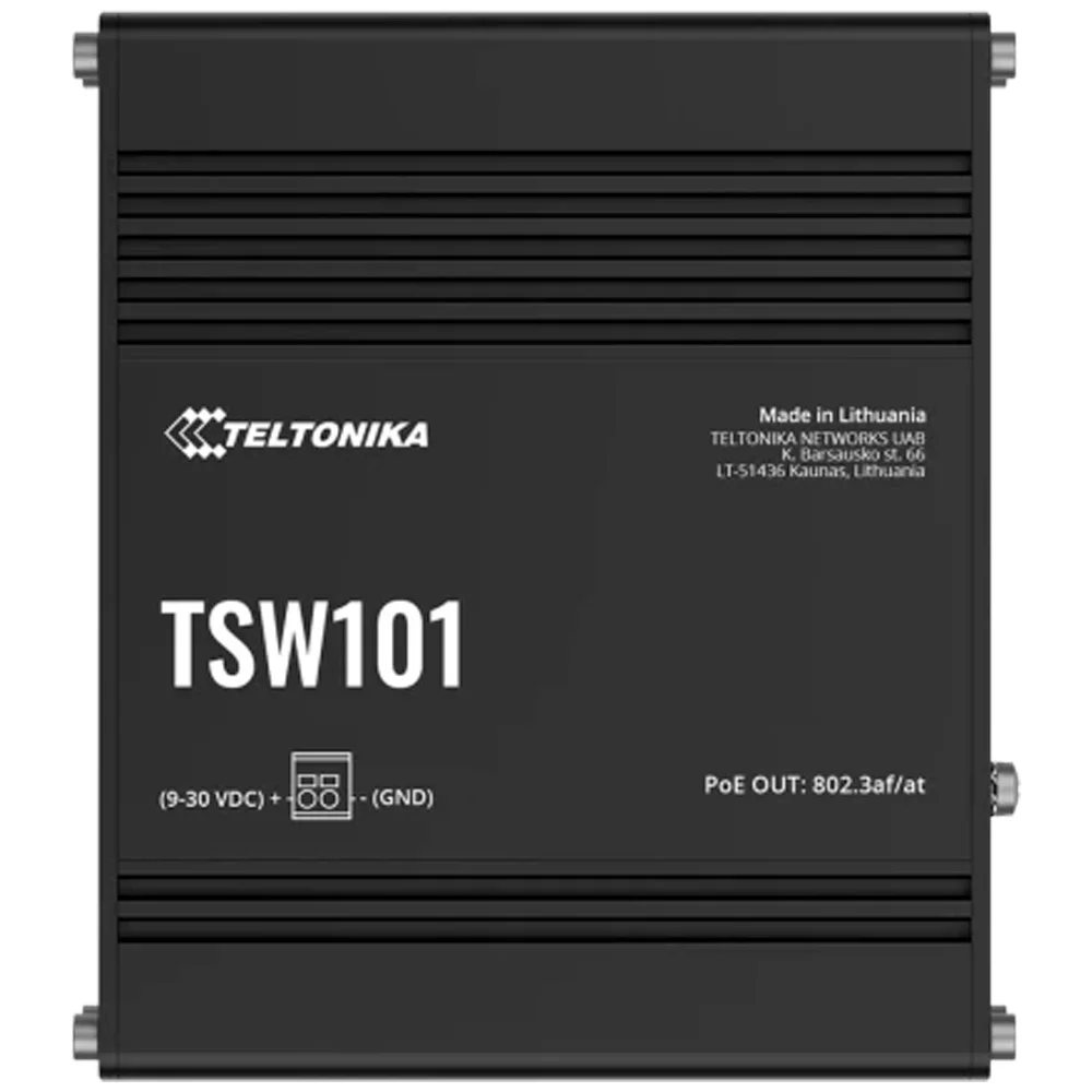 Teltonika Switch PoE No gestionable Industrial - 5 puertos Ethernet RJ45 Gigabit - 4 Puertos Ethernet PoE+ 802.3af/at - Hasta 30W por Puerto PoE - Hasta 60W de Potencia PoE total - Rugerizado Carcasa Aluminio