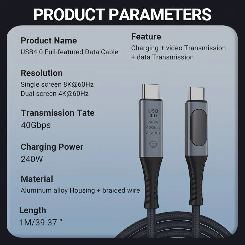 Cable USB 4.0 de 1 metro: 40Gbps, 240W de Entrega de Energía, Soporte de Pantalla 8K con Monitoreo de Potencia en Tiempo Real — imagen 2