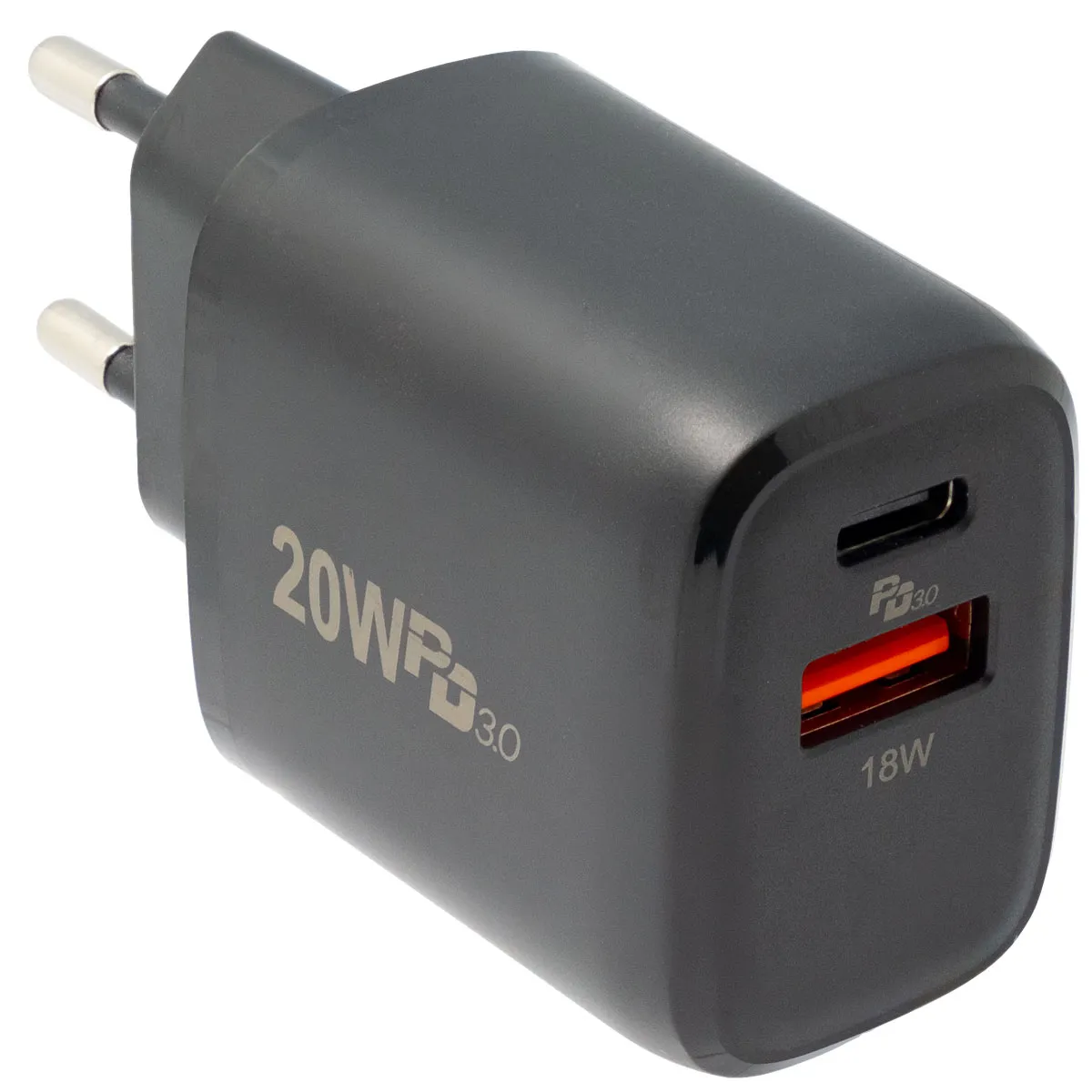 Cargador de pared con USB-C y USB-A 20W, Negro